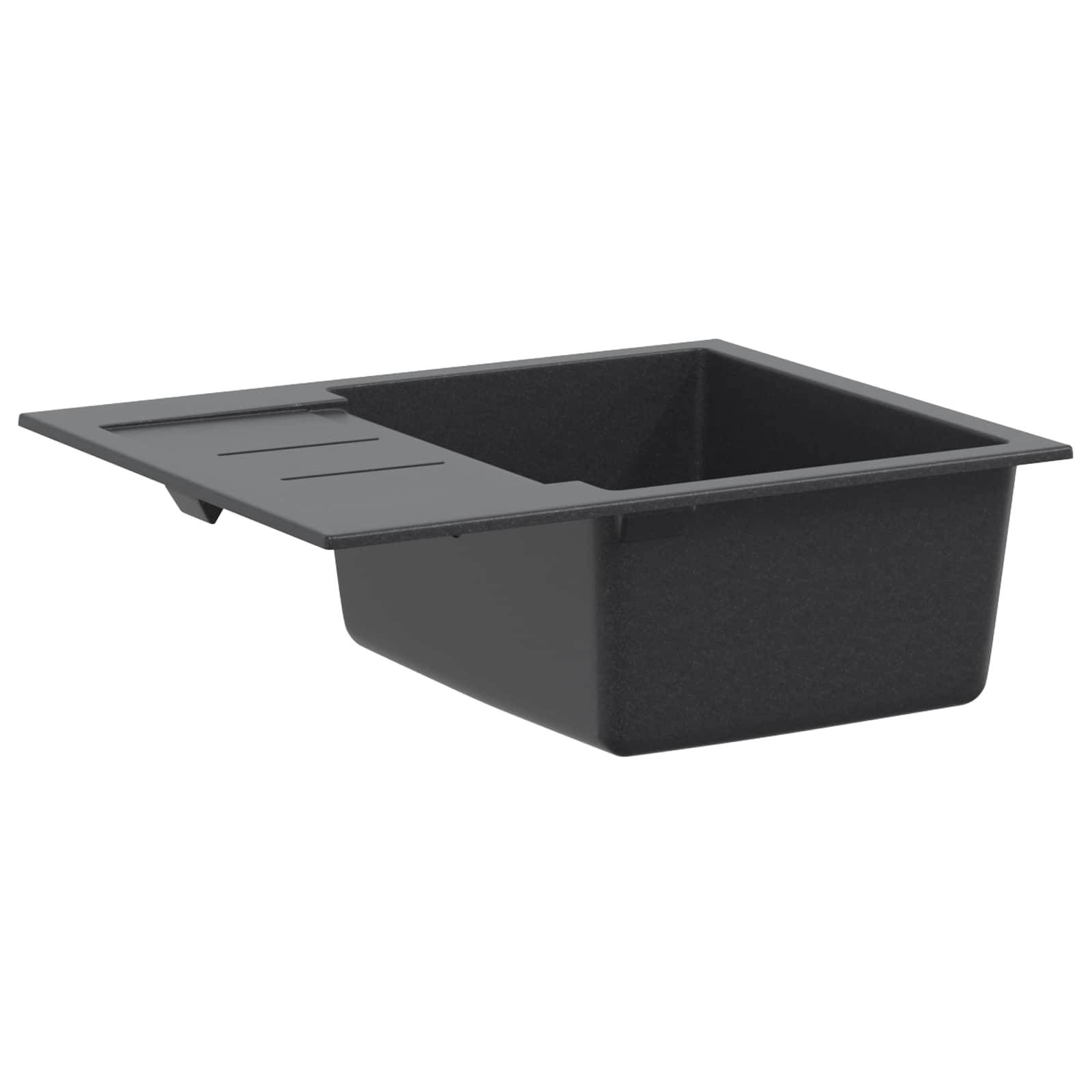 Schwarzes rechteckiges Einbau-Küchenspülbecken mit einzelnem Becken und integrierter Abtropffläche auf der linken Seite.