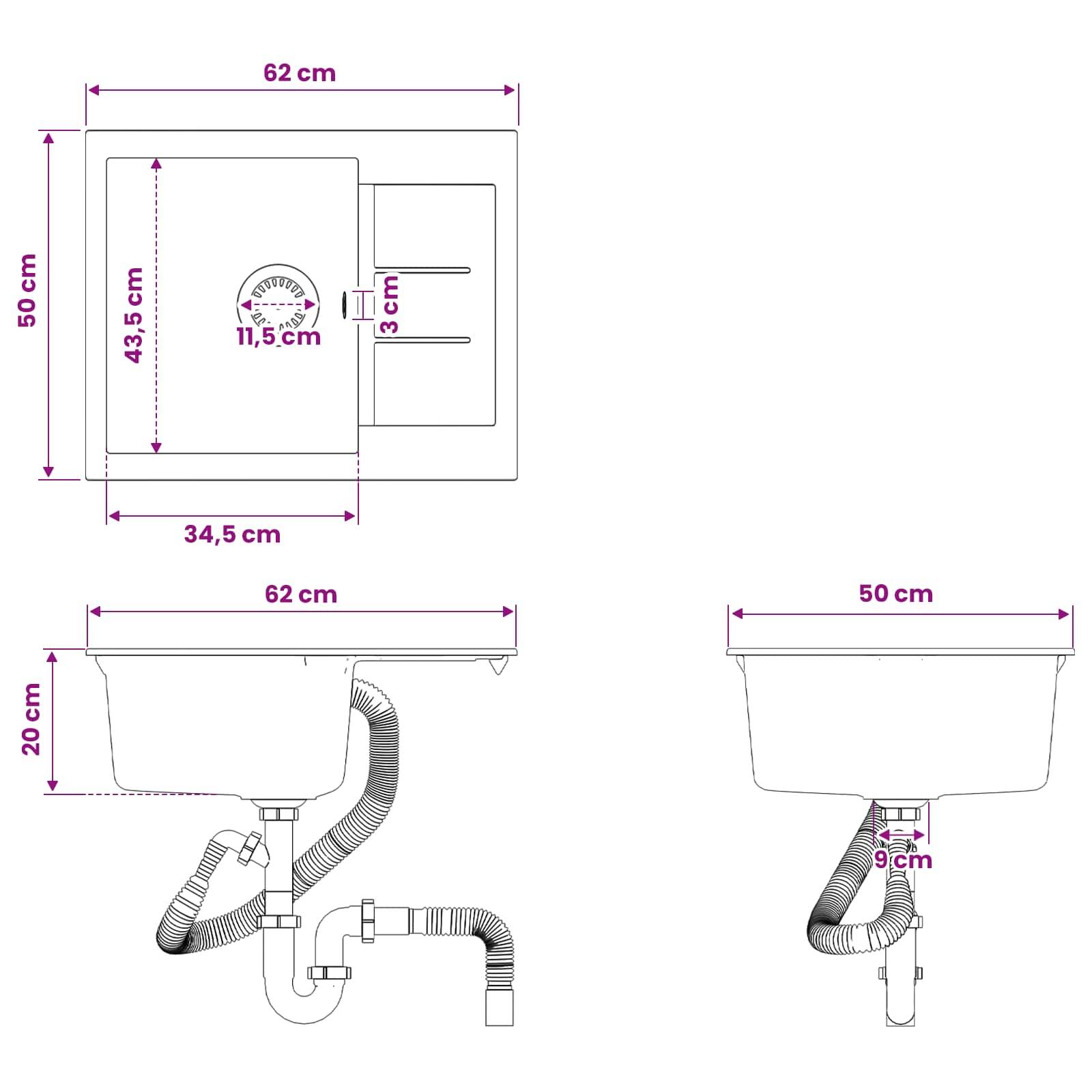 Technisches Diagramm, das ein Küchenspülbecken und Rohrleitungsabmessungen zeigt: 62 cm breit, 50 cm tief, 20 cm hoch, mit beschrifteten Maßen für Becken und Abfluss.