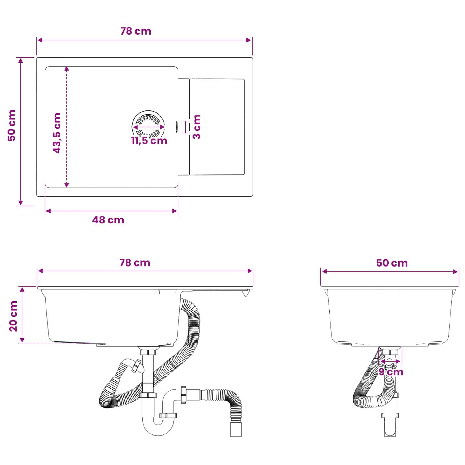 Technische Installationszeichnung für Waschbecken mit Drauf- und Seitenansicht mit Abmessungen: 78 cm x 50 cm Gesamtgröße, Becken 48 cm x 43,5 cm, Tiefe 20 cm, Abfluss und Rohrleitungsanschlüsse.