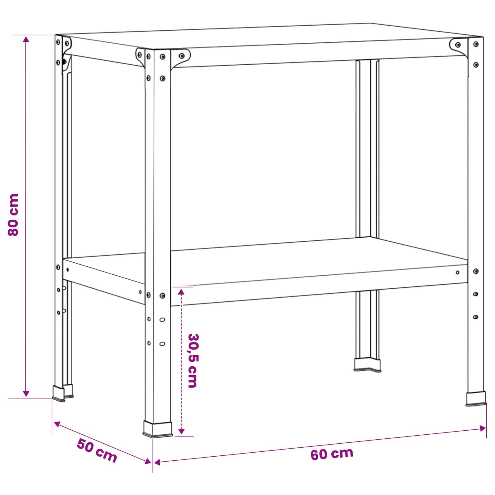 Linienzeichnung einer Metallregaleinheit mit einem Regal, beschriftete Abmessungen 80 cm hoch, 60 cm breit und 50 cm tief, mit Regalhöhe 30,5 cm.