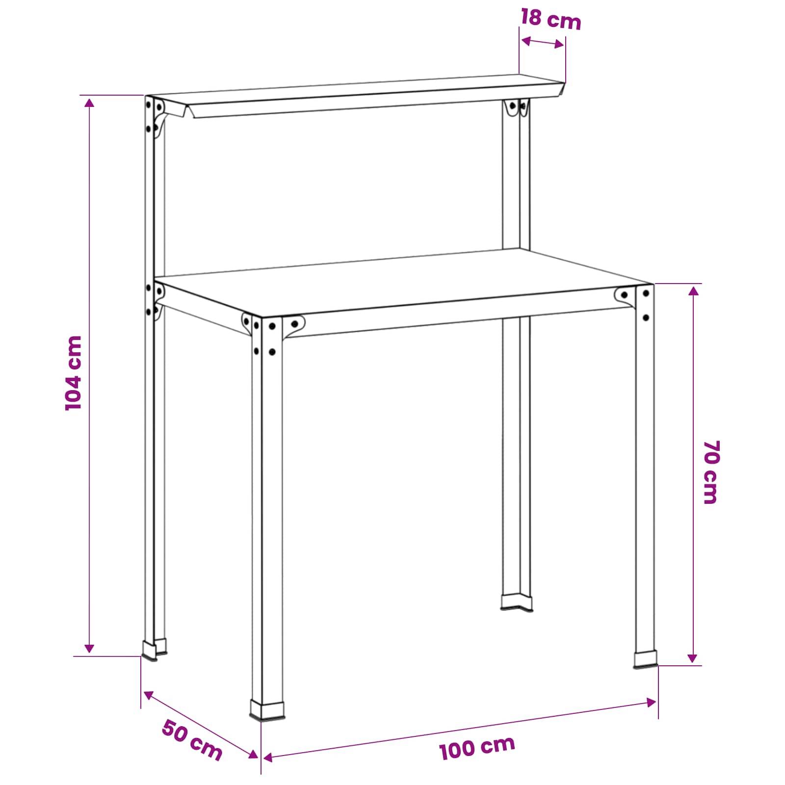 Linienzeichnung eines Schreibtisches mit oberem Regal; Abmessungen angegeben: 100 cm breit, 50 cm tief, 70 cm hoher Schreibtisch, 104 cm Gesamthöhe, 18 cm Regaltiefe oben.