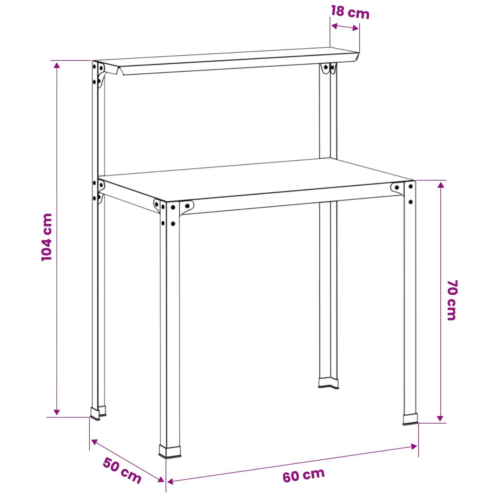 Strichzeichnung eines kleinen Arbeitstisches mit Regal, mit folgenden Abmessungen: 60 cm breit, 50 cm tief, 70 cm Höhe bis zur Tischplatte, 104 cm Gesamthöhe, 18 cm Tiefe des oberen Regals.