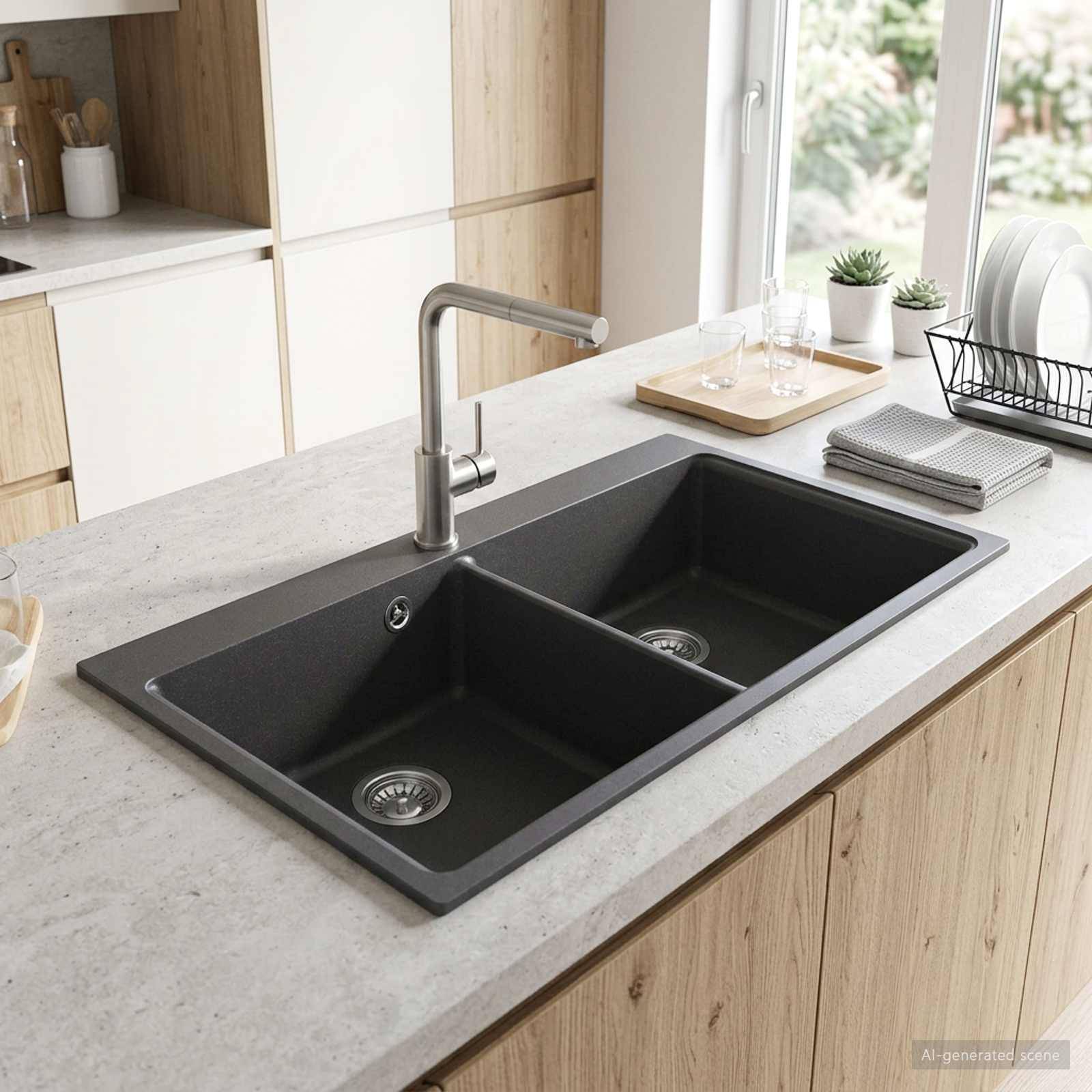 Moderne Kücheninsel mit einem matt schwarzen Doppelbecken-Spülbecken und verchromtem Armaturenset in einer hellen Arbeitsplatte, mit Geschirr und kleiner Dekoration in der Nähe.