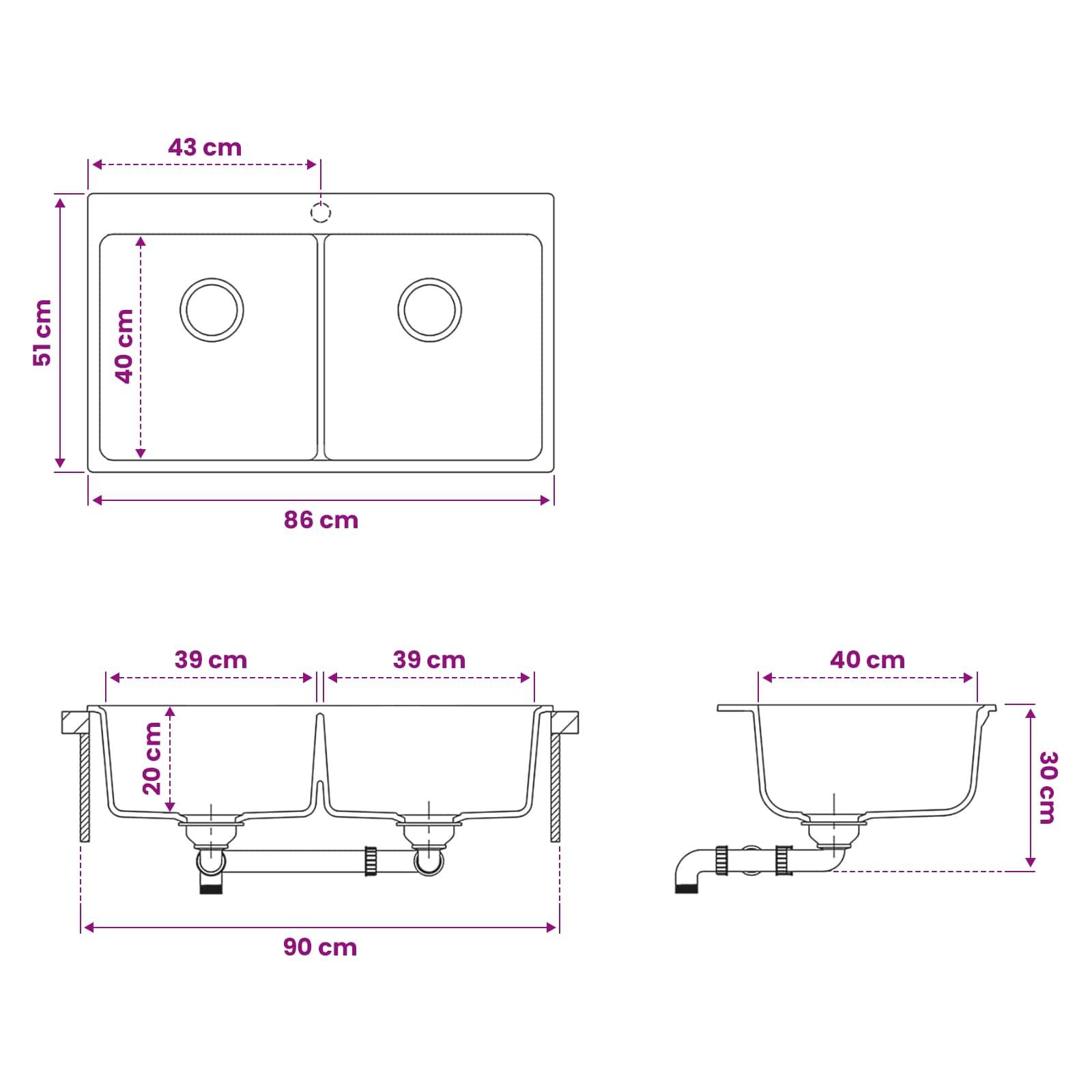 Technische Zeichnung eines doppelten Küchenbeckens mit Maßen: 86 cm breit, 51 cm tief, Beckengröße 43 x 40 cm; Seiten- und Vorderansicht zeigen 90 cm Breite und 30 cm Tiefe.