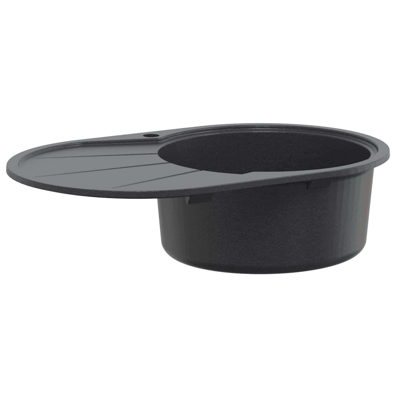 Schwarzes ovales Waschbecken mit integriertem Tropftisch auf der linken Seite und rundem Becken, dargestellt auf weißem Hintergrund.