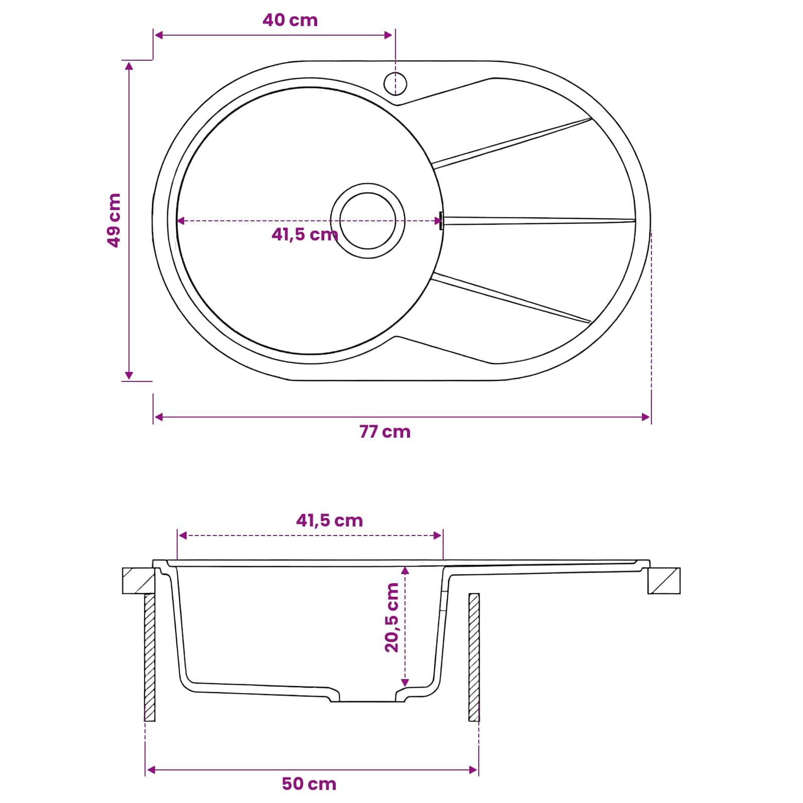 Maßstabszeichnung eines ovalen Waschbeckens mit Drauf- und Seitenansicht und Abmessungen: 77 cm lang, 49 cm breit, 50 cm Einbaubreite und 41,5 cm Beckendurchmesser.