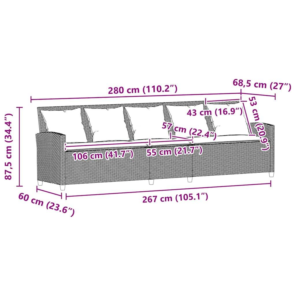 Maßstabgerechte Zeichnung eines Eckschleiers, die die Gesamtgröße zeigt: 280 cm breit, 87,5 cm hoch, 60 cm tief, mit beschrifteten Maßen für Sitzfläche und Kissen.