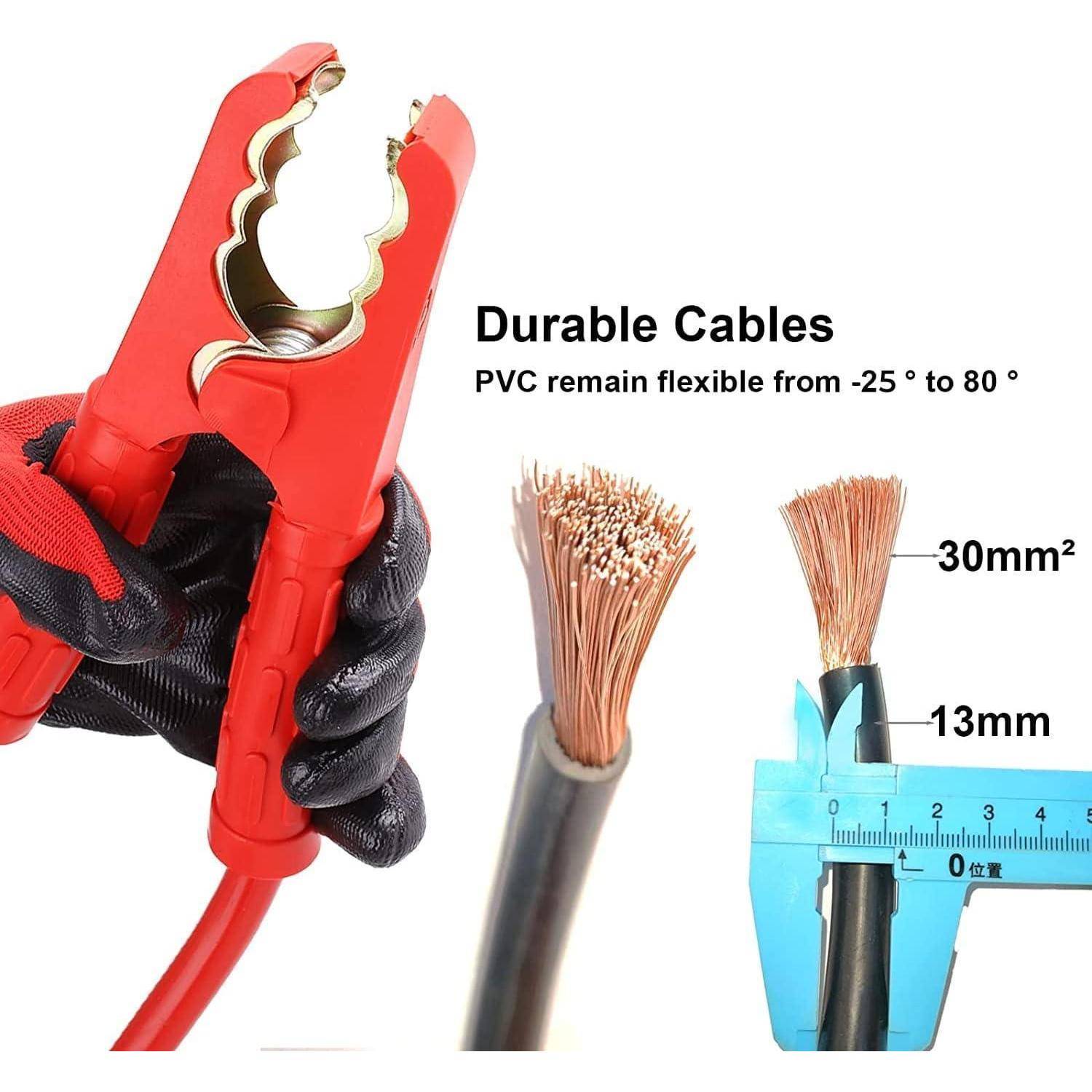 Produktanzeige mit roten Batterieklemmen für langlebige Kabel; Text besagt, dass PVC von -25° bis 80° flexibel bleibt, mit Drahtmessungen von 30 mm² und 13 mm.
