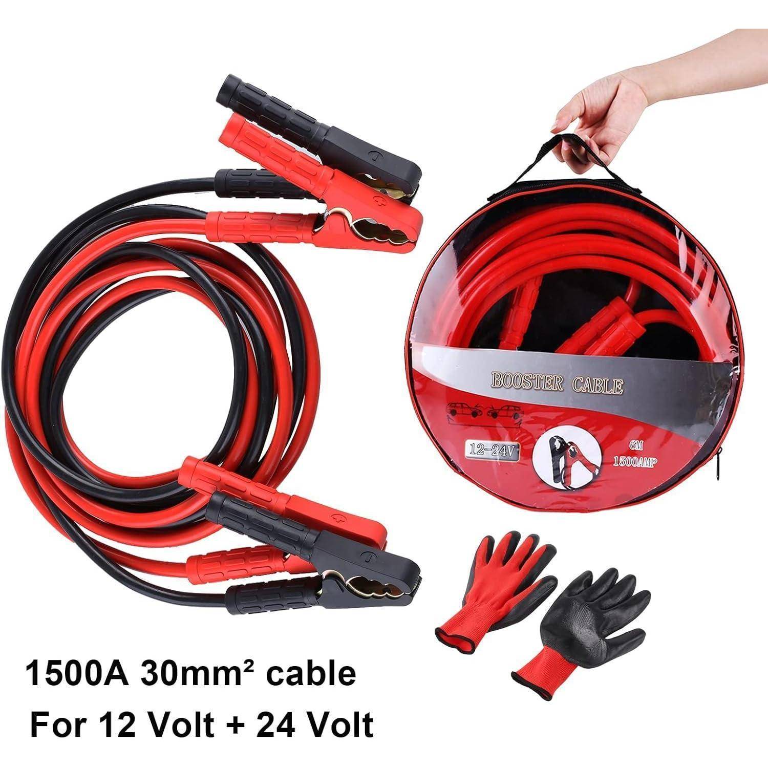 12V/24V Überbrückungskabel mit roten und schwarzen Klemmen, aufgerollt in einer Tragetasche, plus ein Paar rote und schwarze Handschuhe; gekennzeichnet als „1500A 30mm² Kabel