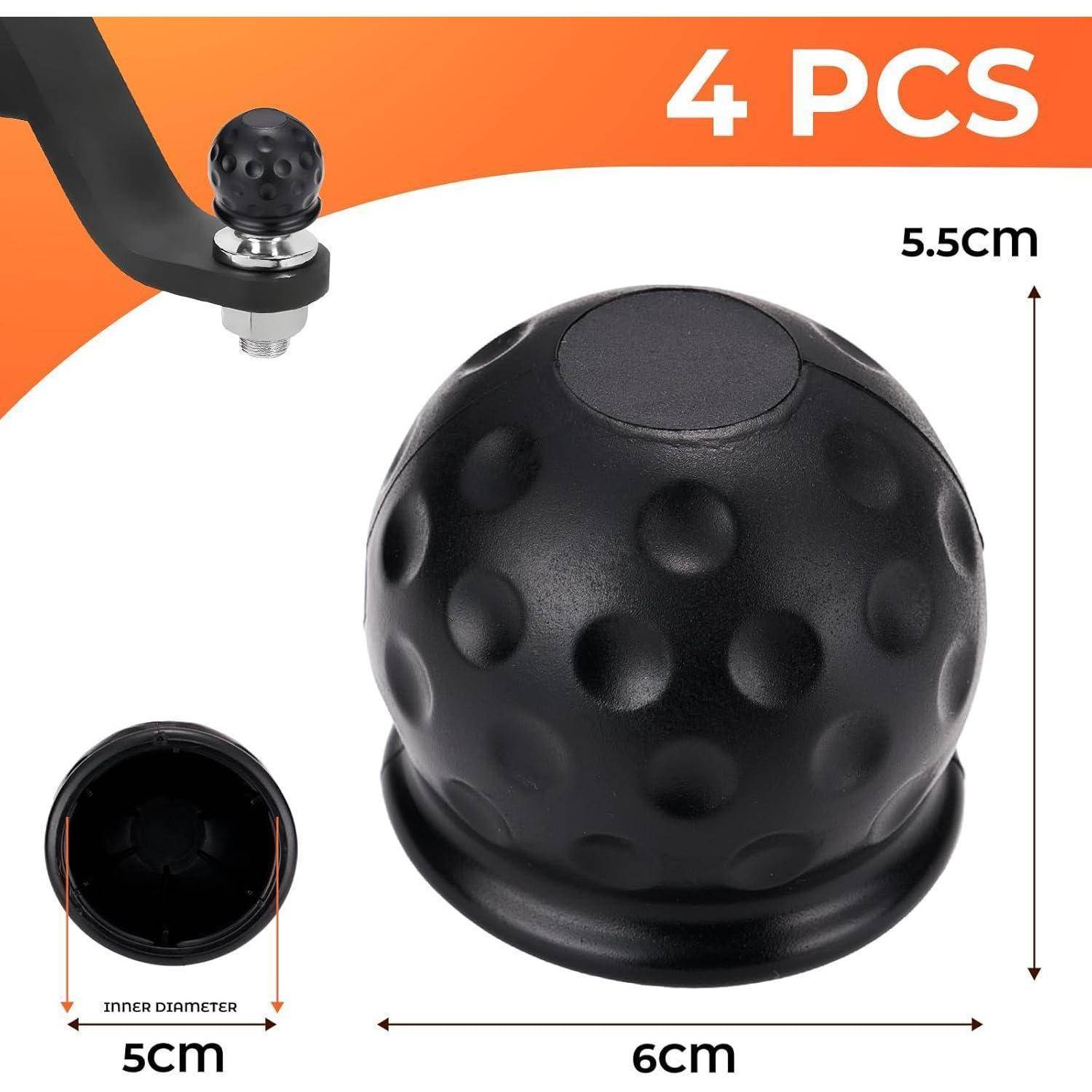 Produktbild von 4 schwarzen, kugelförmigen Knopfkappen mit Dellenmuster, mit den Abmessungen 6 cm breit, 5,5 cm Höhe und 5 cm innerer Durchmesser.