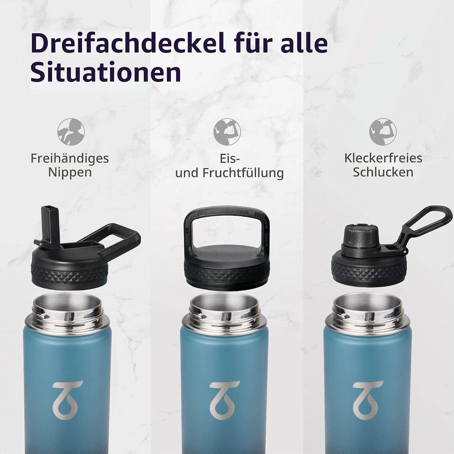 Diagramm mit drei Verschlüssen für alle Situationen: freihändiges Trinken, Eis- und Fruchtfüllung und auslaufsicheres Trinken.