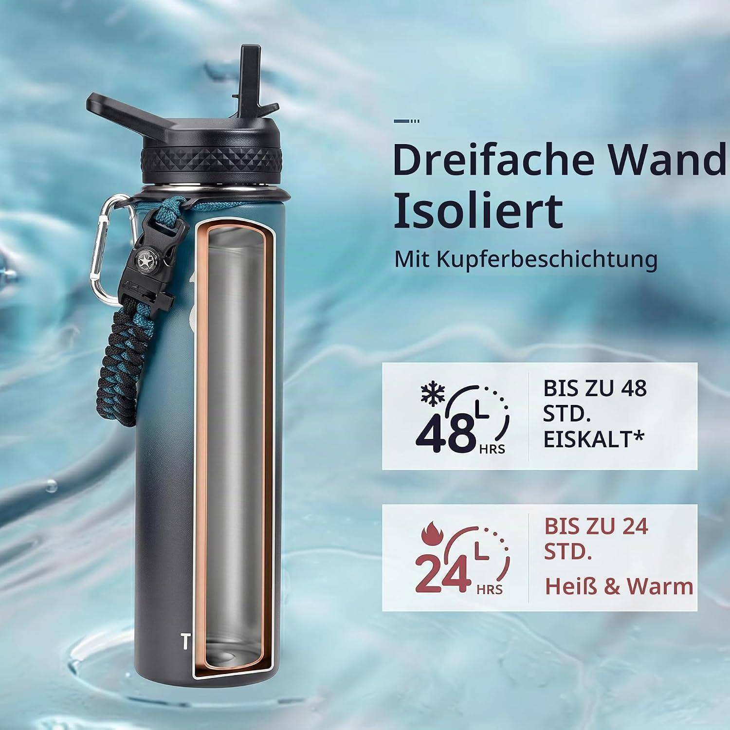 Isolierte Flasche mit Kupferbeschichtung; Text besagt „Dreifache Wand isoliert