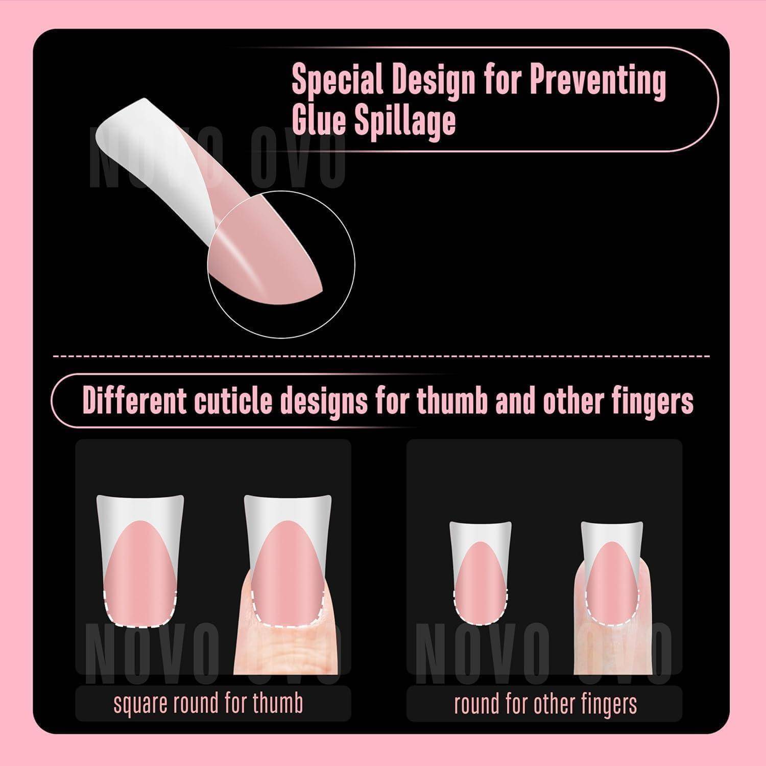 Infografik zum Nagelspitzendesign, das Leimverschüttung verhindert, zeigt einen speziellen gekrümmten Nagelhautbereich und verschiedene Nagelhautformen: quadratisch-rund für den Daumen, rund für die anderen Finger.