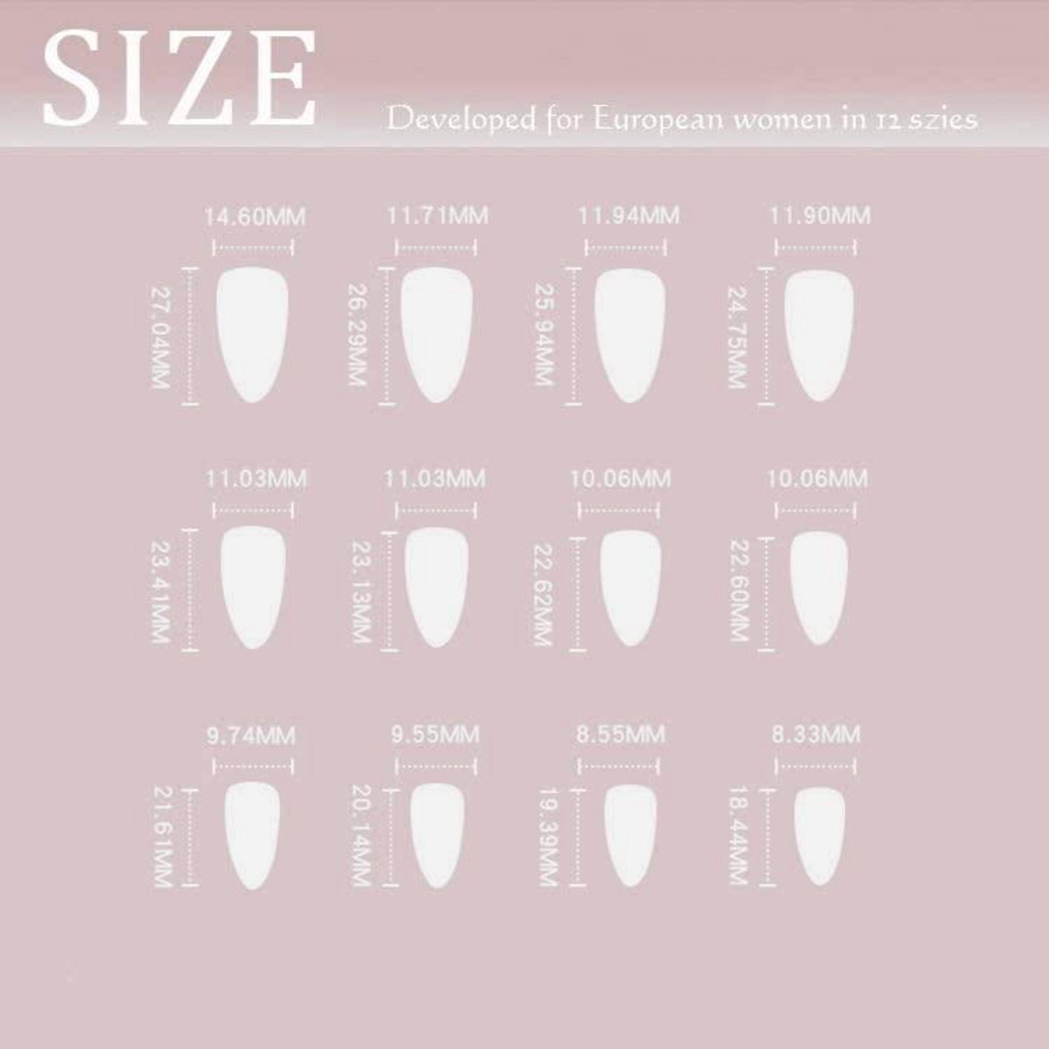 Größentabelle mit 12 Nagelspitzengrößen für europäische Frauen, mit gekennzeichneten Breiten- und Längenmessungen in Millimetern.