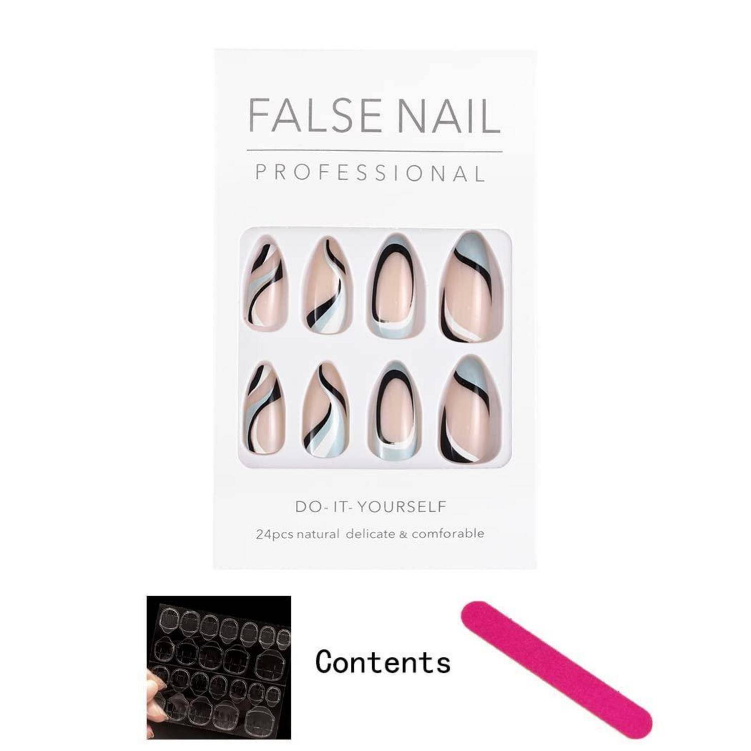 Packung für 'FALSE NAIL PROFESSIONAL' DIY-Nägel zum Aufdrücken, mit 8 mandelförmigen Nägeln in Nude-, Schwarz- und Silberdesigns; Etikett 'Inhalt' und eine rosa Nagelfeile darunter.