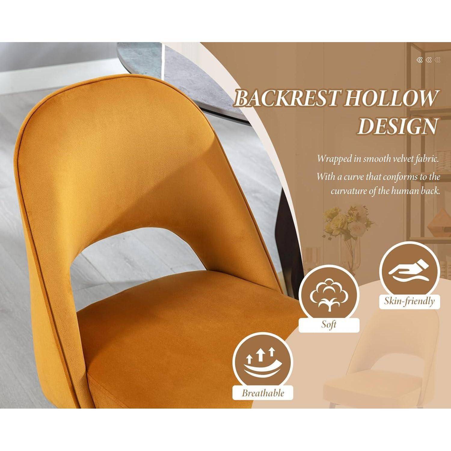 Orangefarbener Samtsessel mit hohlem Rückenlehnen-Design, beschriftet als „RÜCKENLEHNE HOHLES DESIGN