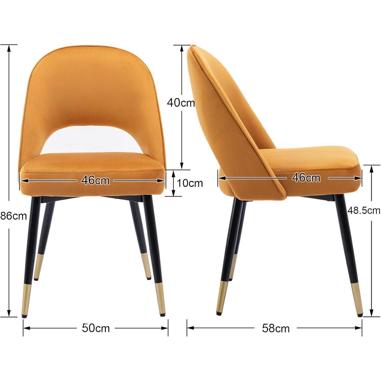 Orangefarbener gepolsterter Stuhl dargestellt in Vorder- und Seitenansicht mit Abmessungen: 46 cm Sitzbreite, 50 cm Frontbreite, 58 cm Tiefe, 86 cm Höhe, 48,5 cm Sitzhöhe.
