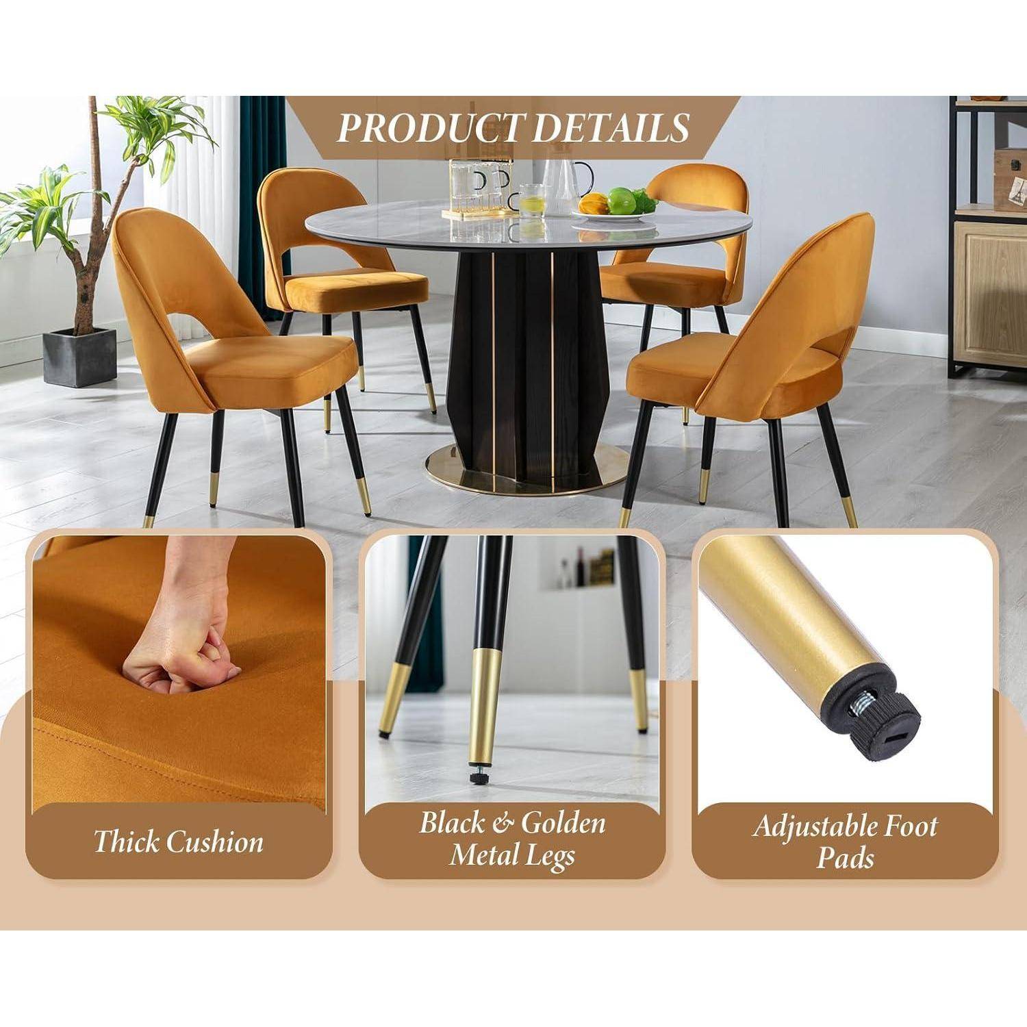 Produktdetails für ein Esszimmerstuhset: Orange gepolsterte Stühle um einen runden Tisch, mit Hervorhebung des dicken Sitzkissens, schwarzen und goldenen Metallbeinen und verstellbaren Fußpolstern.