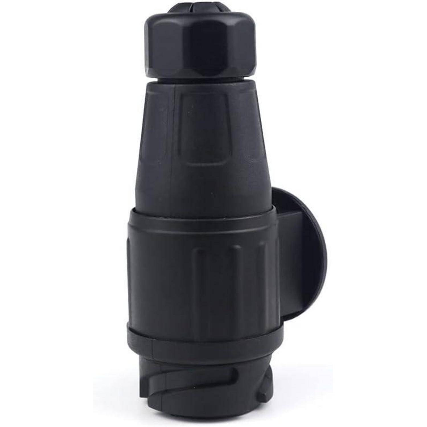 Schwarzer Kunststoff-Elektrostecker oder Stecker-Adapter mit Gewindelasche, auf weißem Hintergrund dargestellt.