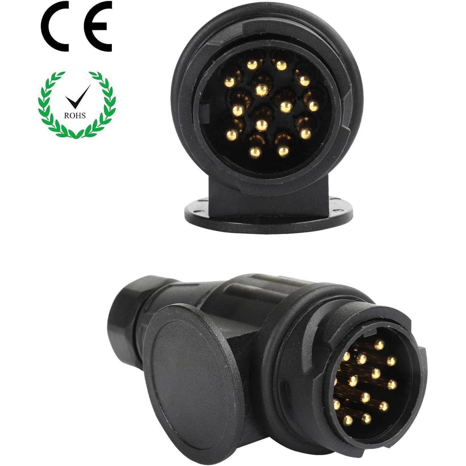 Schwarzer kreisförmiger 14-poliger Elektrostecker von vorne und in angewinkelter Seitenansicht gezeigt, mit CE- und RoHS-Konformitätskennzeichnungen auf weißem Hintergrund.