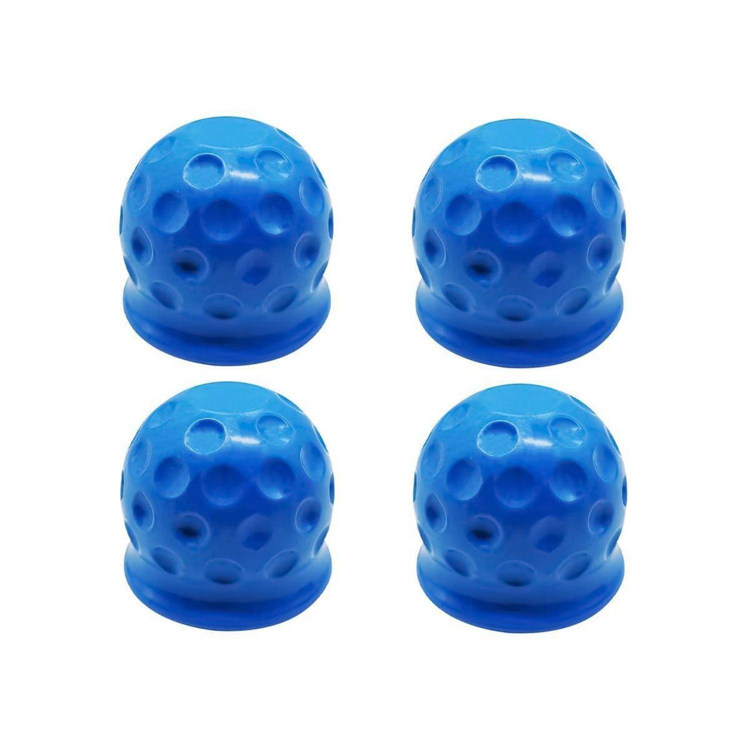 Vier blaue gerippte Gummi-Massagebälle in einem 2x2-Raster auf weißem Hintergrund angeordnet.