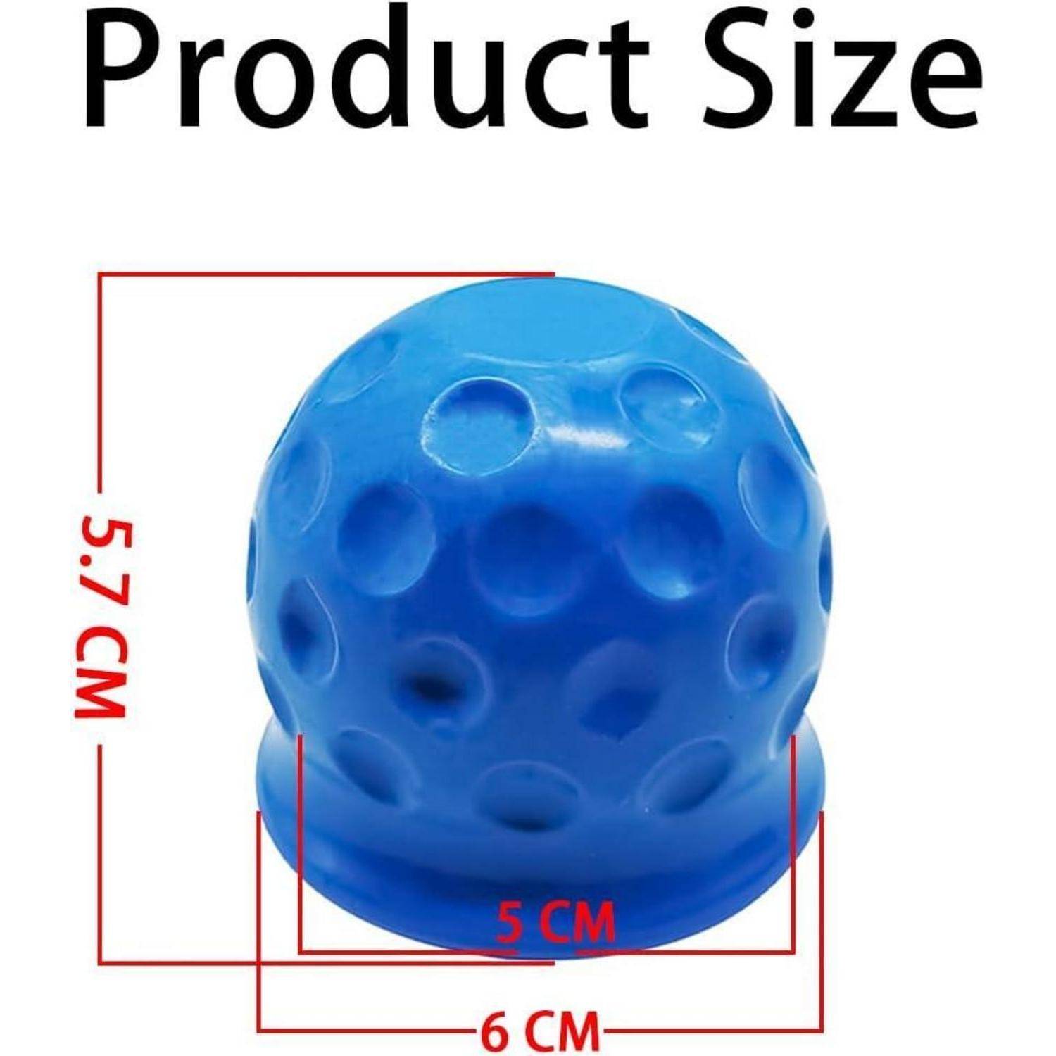 Größendiagramm eines blauen Balles mit Dellen: 5,7 cm Höhe, 6 cm Breite und 5 cm Basisdurchmesser.