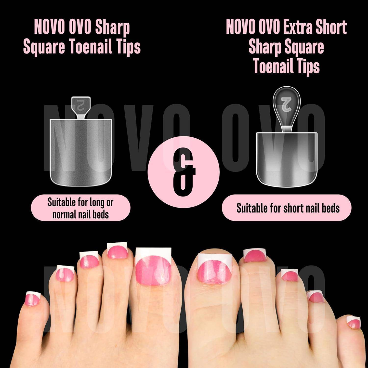 Vergleichsgrafik von quadratischen Nagelspitzen 'NOVO OVO': Standard-Spitzen eignen sich für lange oder normale Nagelbetten, extra kurze Spitzen eignen sich für kurze Nagelbetten, dargestellt mit beispielhaften Füßen.