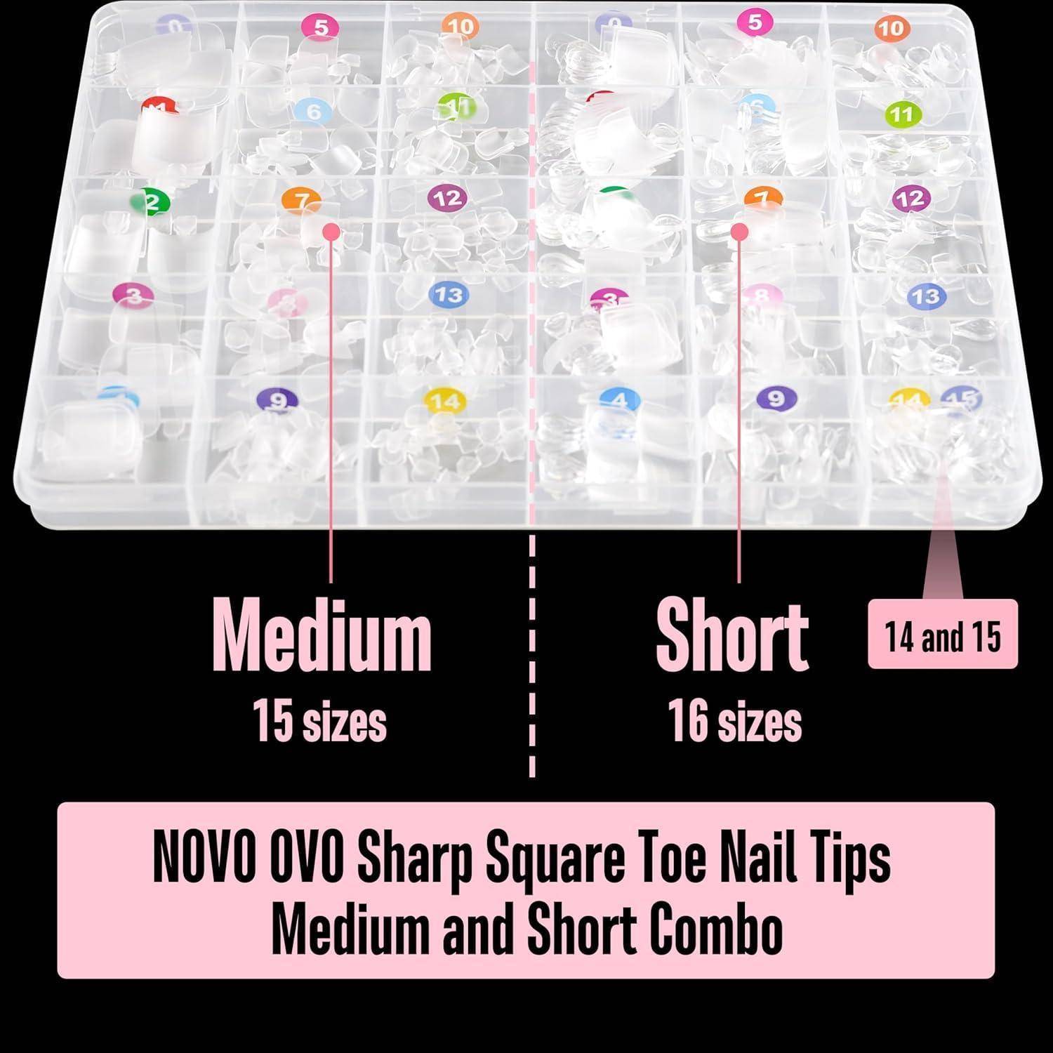 Abbildung eines Nageltipp-Organizers mit einer durchsichtigen Schachtel mit der Aufschrift „NOVO OVO Sharp Square Toe Nail Tips Medium and Short Combo", mit mittleren 15 Größen und kurzen 16 Größen.