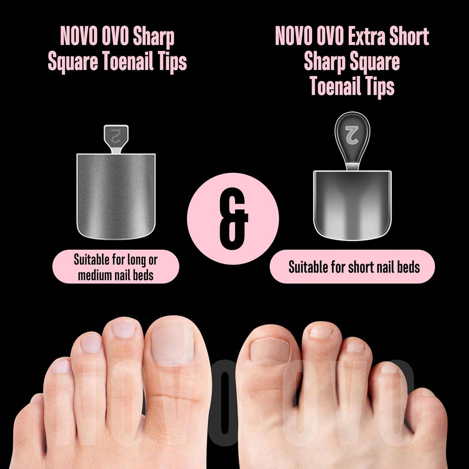 Vergleich von zwei NOVO OVO spitzer quadratischer Fußnagel-Spitzengröße: Standard für lange oder mittlere Nagelbetten und extra kurz für kurze Nagelbetten, mit Fußbeispielen dargestellt.