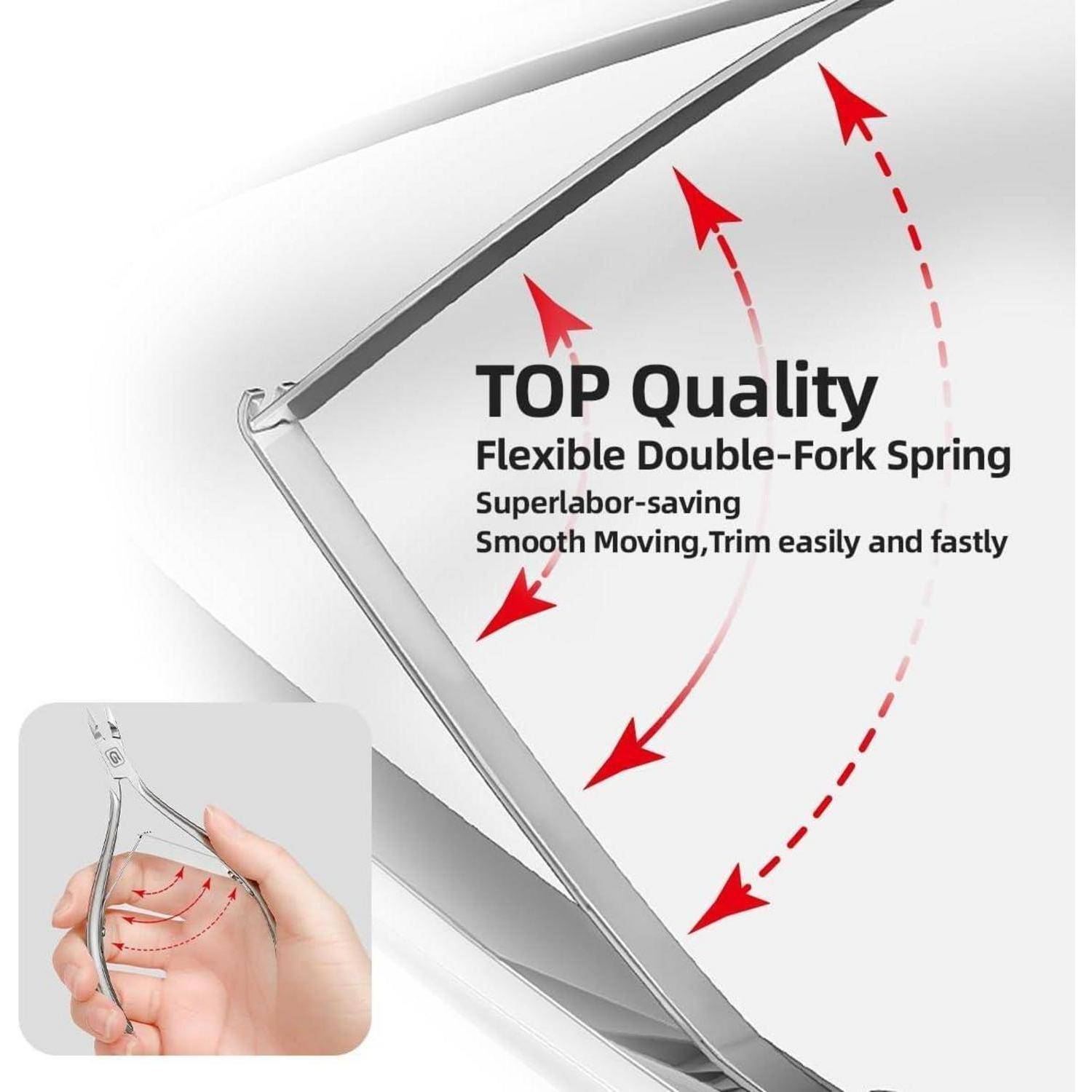 Werbegrafik eines flexiblen Doppelgabel-Nagelknipsers mit roten Pfeilen, die die Federwirkung zeigen; der Text lautet „TOP Quality