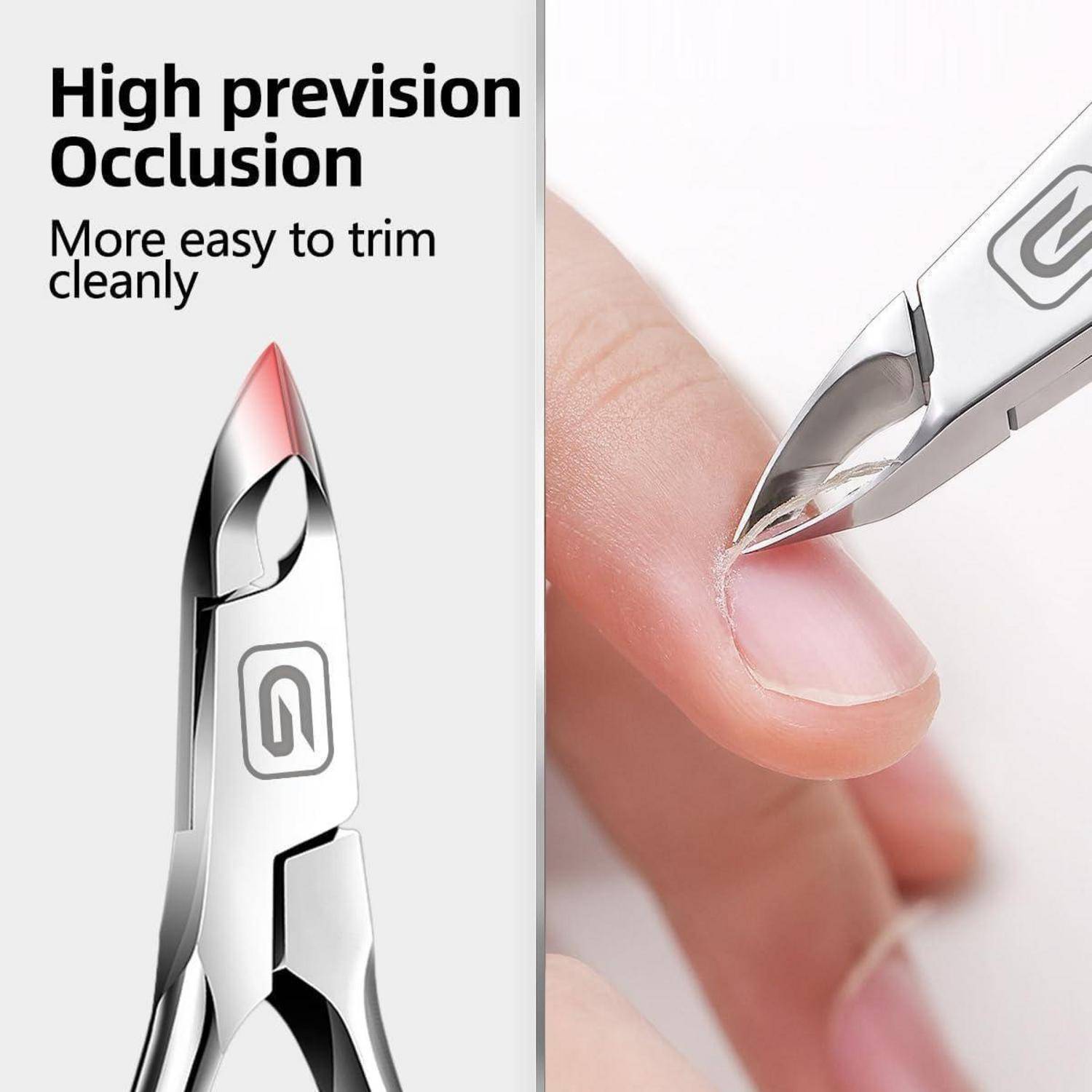 Werbebild von Präzisions-Nagelzangen, das das Werkzeug beim Schneiden eines Fingernagels zeigt; der Text lautet „Hochpräzise Okklusion