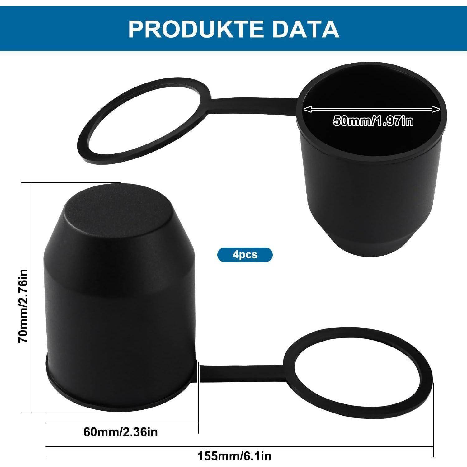 Produktdatenbild einer 4er-Set schwarzen Silikon-Becherkappe mit Abmessungen: 50 mm Oberteil, 70 mm Höhe, 60 mm Basis, 155 mm Gesamtlänge.