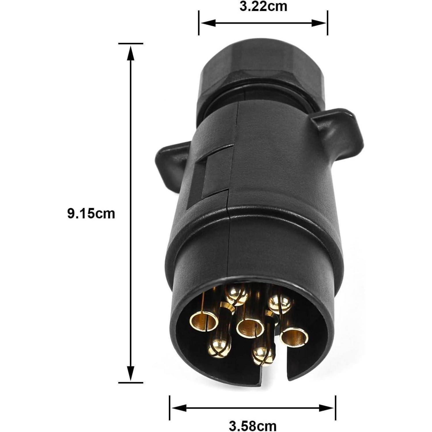 Schwarzer zylindrischer Elektrostecker mit 5 Metallstiften, dargestellt mit Abmessungen von 9,15 cm Höhe, 3,58 cm Breite und 3,22 cm oberer Durchmesser.