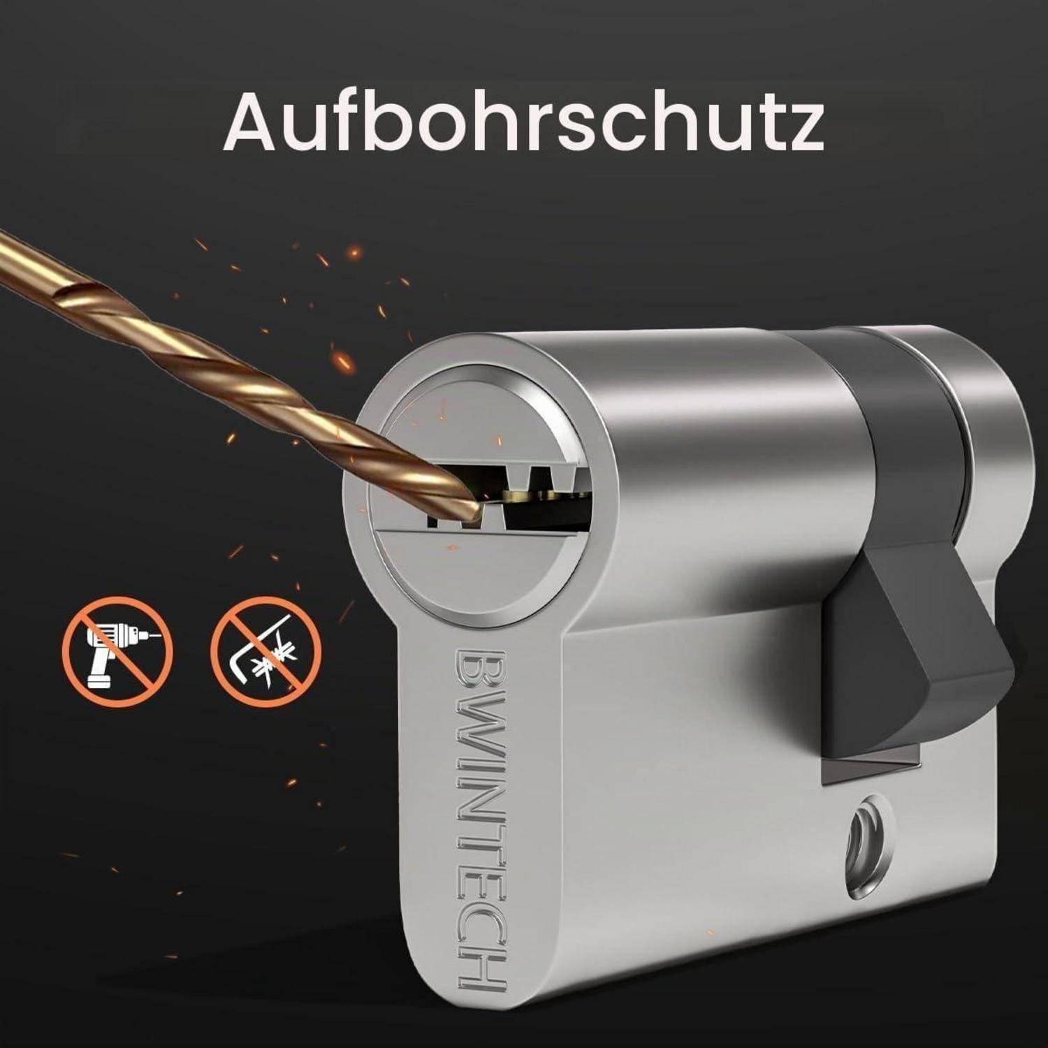 BWINTECH Bohrerschutz mit Spiralbohrer, der in den Schlüsselkanal eindringt, gekennzeichnet mit „Aufbohrschutz