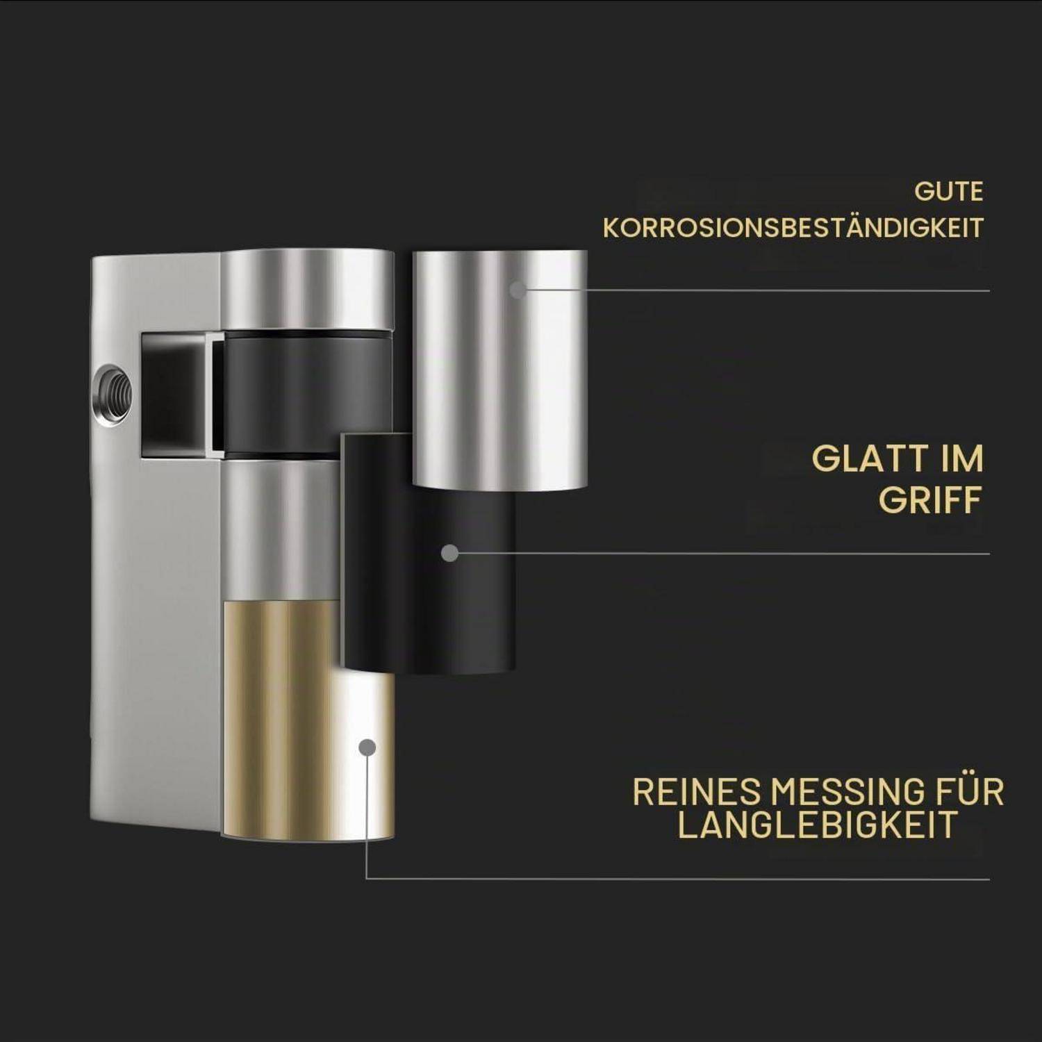 Kommentierte Nahaufnahme eines Türscharniers mit gebürstetem Metall, schwarzen und Messingteilen mit Beschriftungen für Korrosionsbeständigkeit, rutschfester Griff und dauerhaftes Vollmessing.
