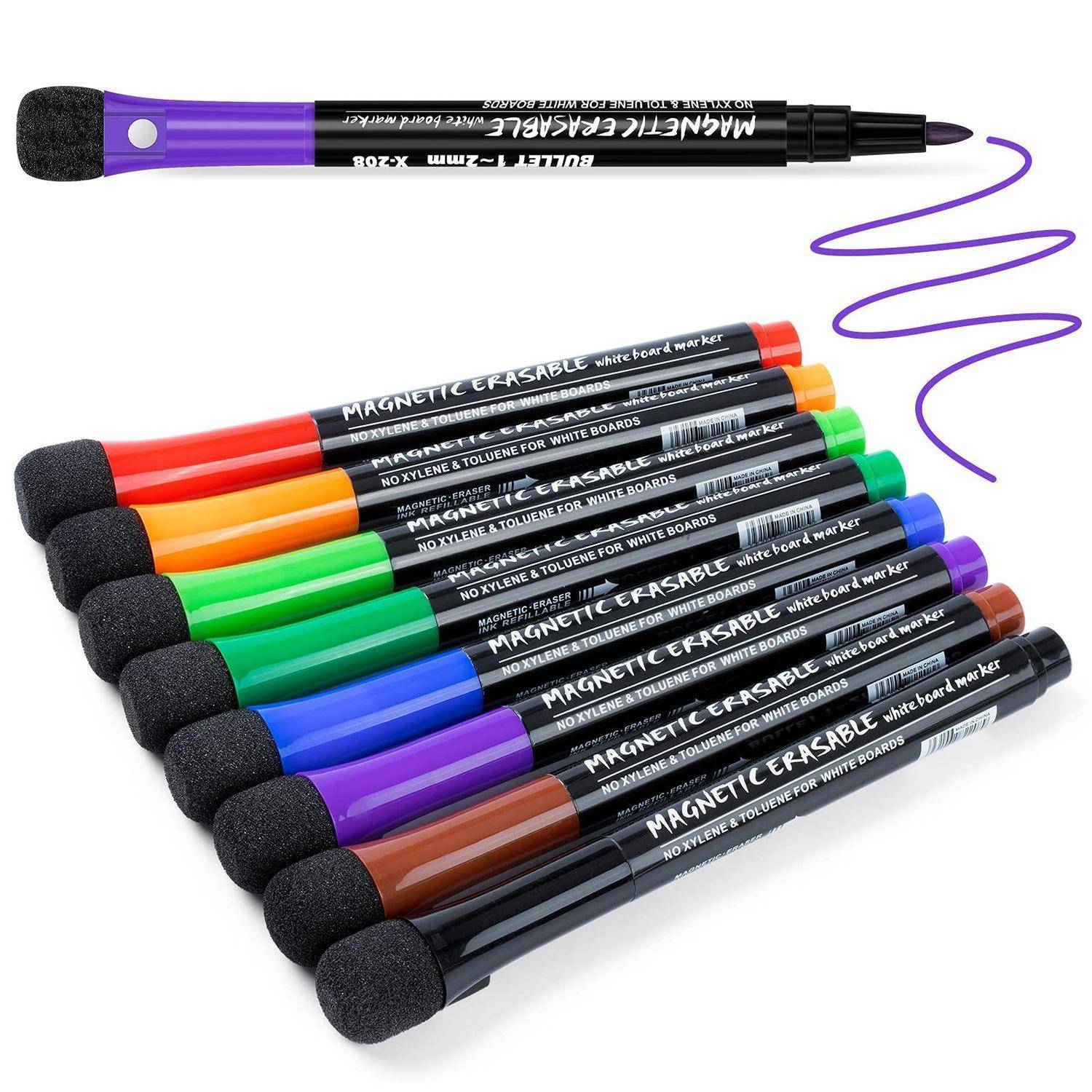 Satz magnetischer löschbarer Whiteboard-Marker mit Schaumstoff-Radierern, gezeigt in mehreren Farben und einem violetten Marker, der eine gekrümmte Linie zeichnet.