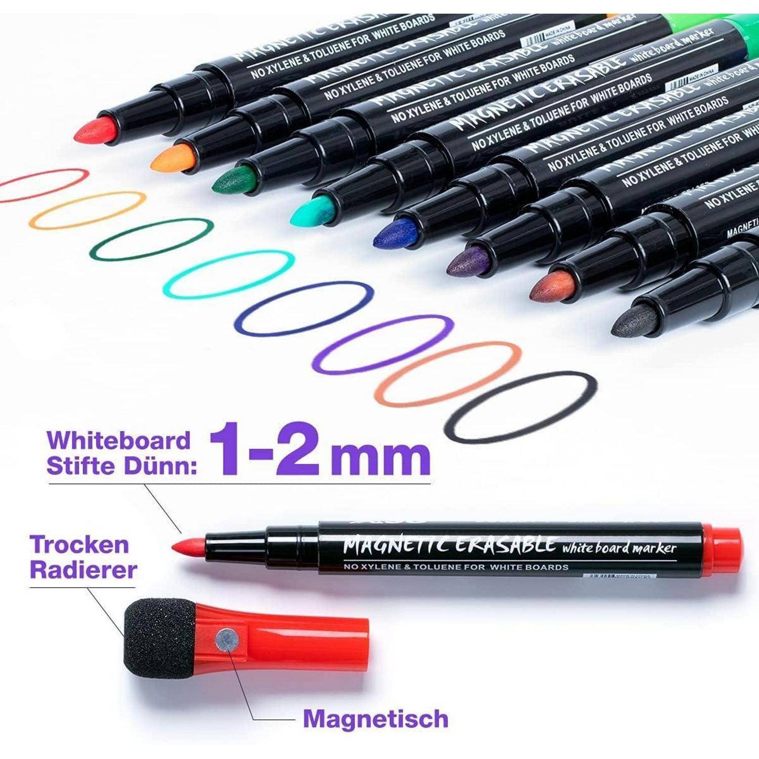 Werbebild mit bunten Whiteboard-Markern mit Beispielkreisen in Farben, das „Whiteboard Stifte Dünn: 1-2 mm", „Trocken Radierer"" und „Magnetisch"" hervorhebt.