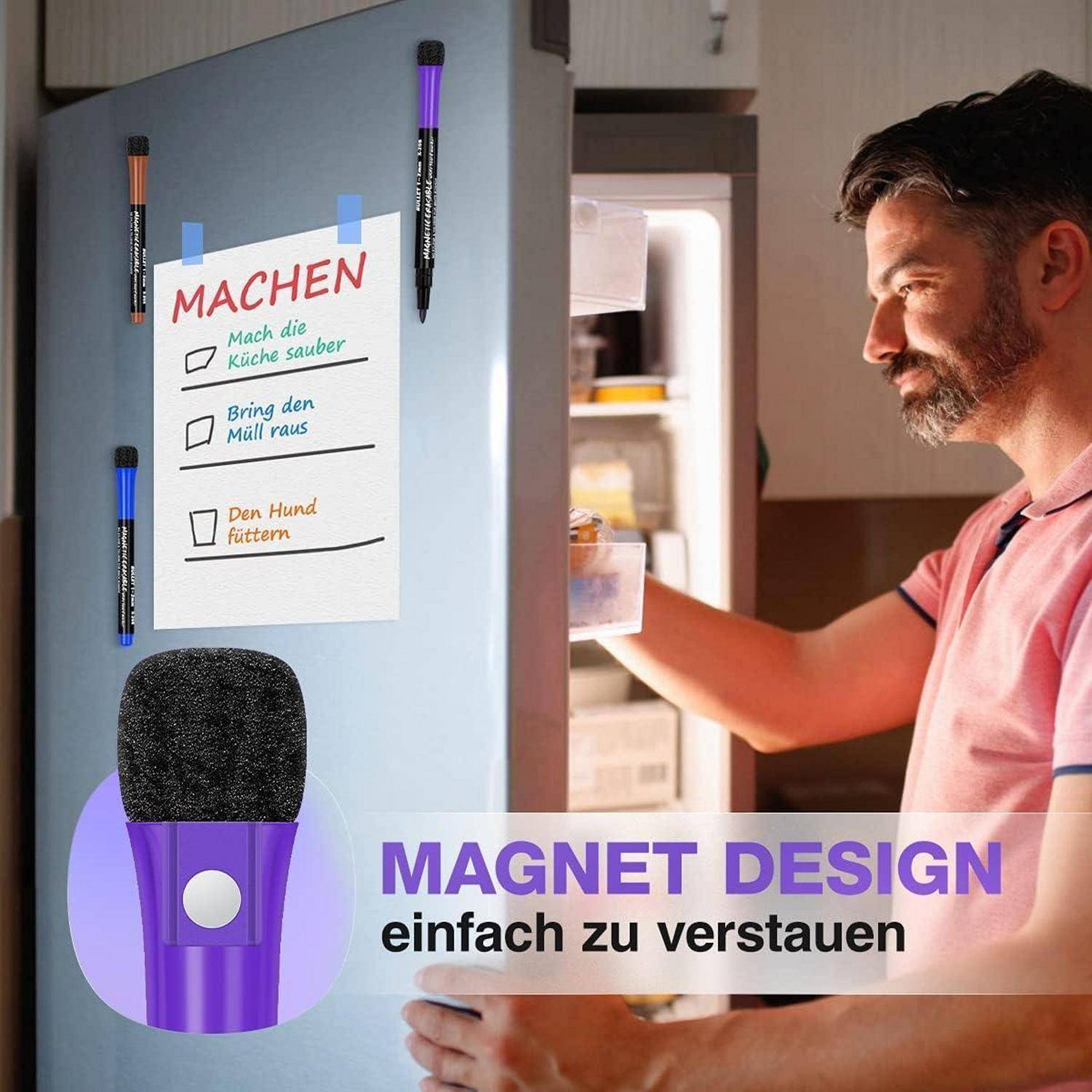 Mann öffnet einen Kühlschrank mit einem Zettel mit der Aufschrift „MACHEN", auf dem Aufgaben aufgelistet sind; ein violetter magnetischer Bürstenhalter wird gezeigt, mit der Werbung „MAGNET DESIGN einfach zu verstauen"".