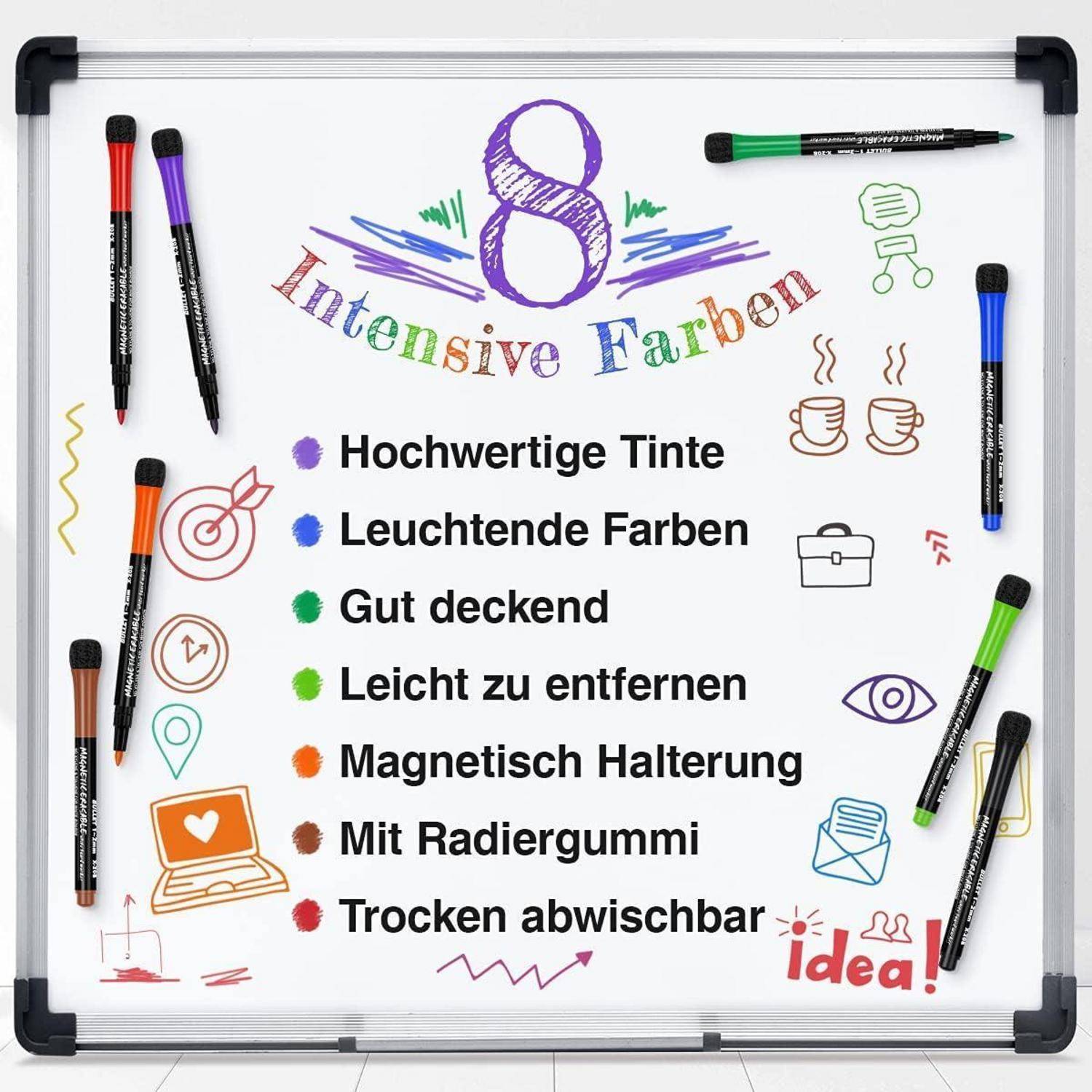 Whiteboard Marker Set 8 Farben mit Schwamm und Magneten