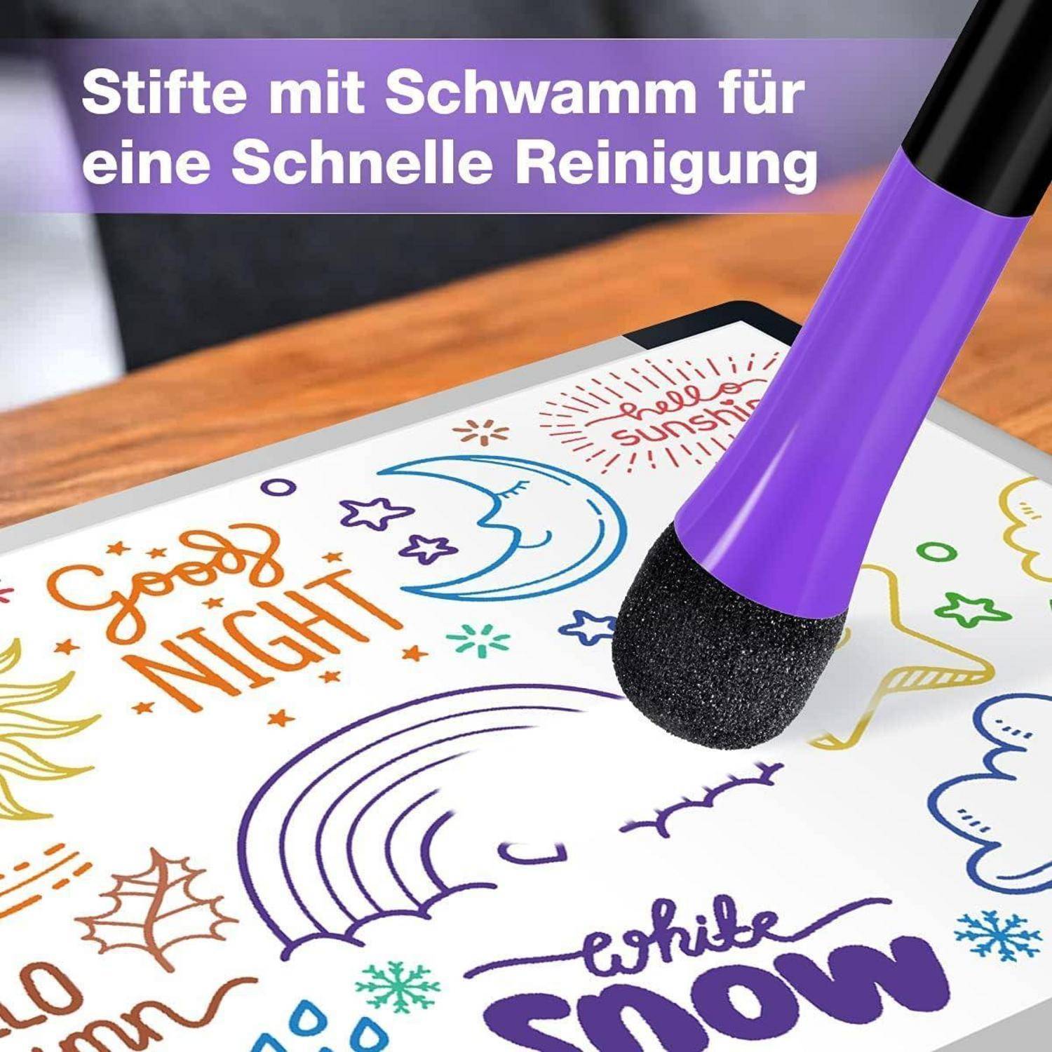 Lila Marker mit Schwammspitze färbt ein Regenbogendesign auf Papier; deutscher Text besagt „Stifte mit Schwamm für eine schnelle Reinigung" (Stifte mit Schwamm für schnelle Reinigung).