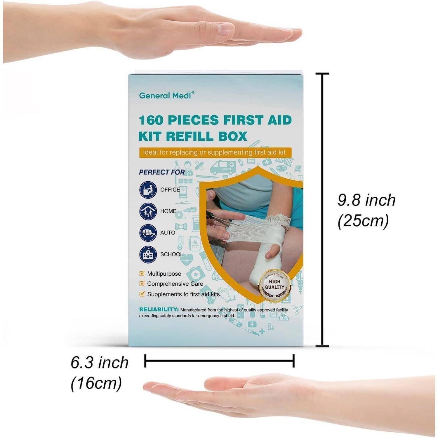Verpackte 160er-Erste-Hilfe-Set-Nachfüllbox mit Hand zur Größendarstellung, misst 9,8 x 6,3 Zoll (25 x 16 cm).