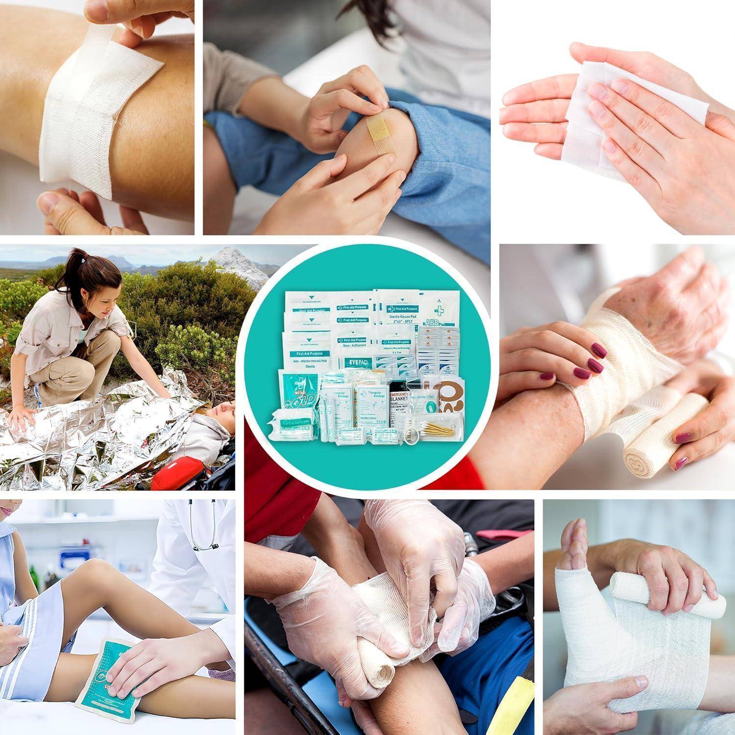 Collage zeigt Erste-Hilfe-Verbandstechniken und Wundversorgung, einschließlich Verstauchungswicklungen, Anwendung von Verbandsmaterial und ein Set mit medizinischen Materialien zur Notfallbehandlung.