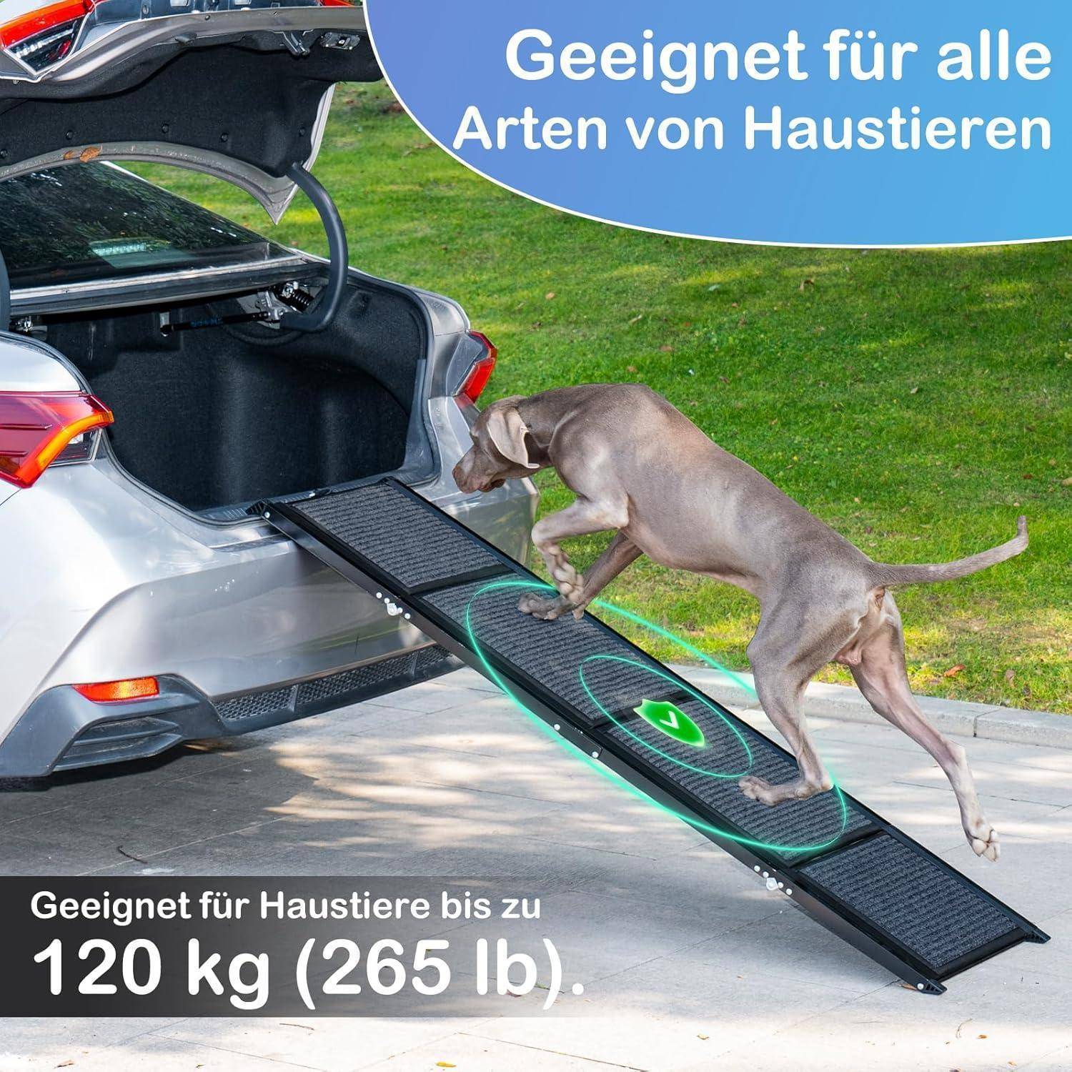 Ein Hund benutzt eine Rampe, um in einen offenen Kofferraum eines Autos zu gelangen; der Text besagt, dass sie für alle Haustiere bis zu 120 kg (265 lb) geeignet ist.
