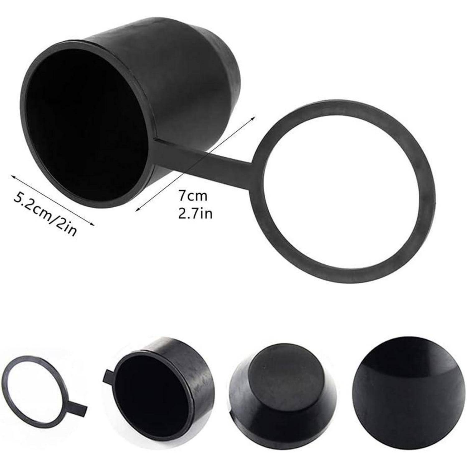 Schwarzer Gummistopfen in Becherform mit angebrachtem Ringgriff, dargestellt mit Abmessungen von 5,2 cm Durchmesser und 7 cm Länge, plus eingefügte Ansichten der geschlossenen und offenen Enden.