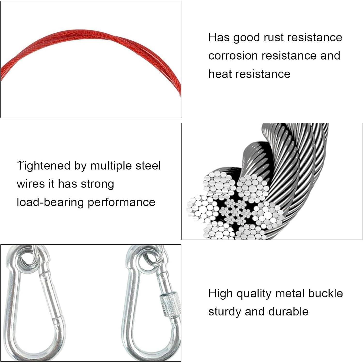 Produkt-Infografik eines Stahlseils mit Metallschnallen, das Rost-, Korrosions- und Hitzebeständigkeit, starke Tragfähigkeit und langlebige Hardware hervorhebt.