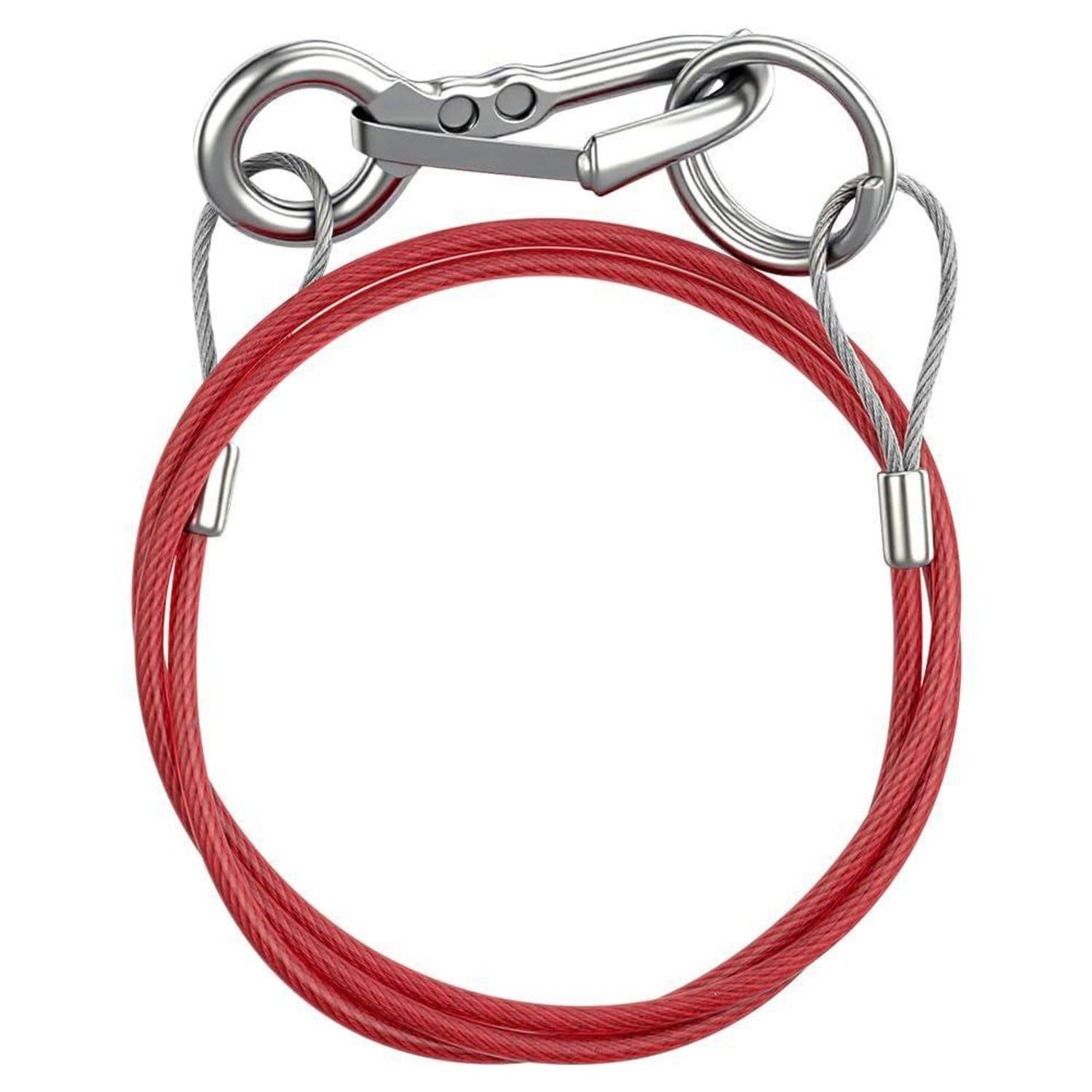 Rote Stahlseillschlinge mit Metallklemme und Karabinerhaken-ähnlichem Verbinder, isoliert auf weißem Hintergrund.