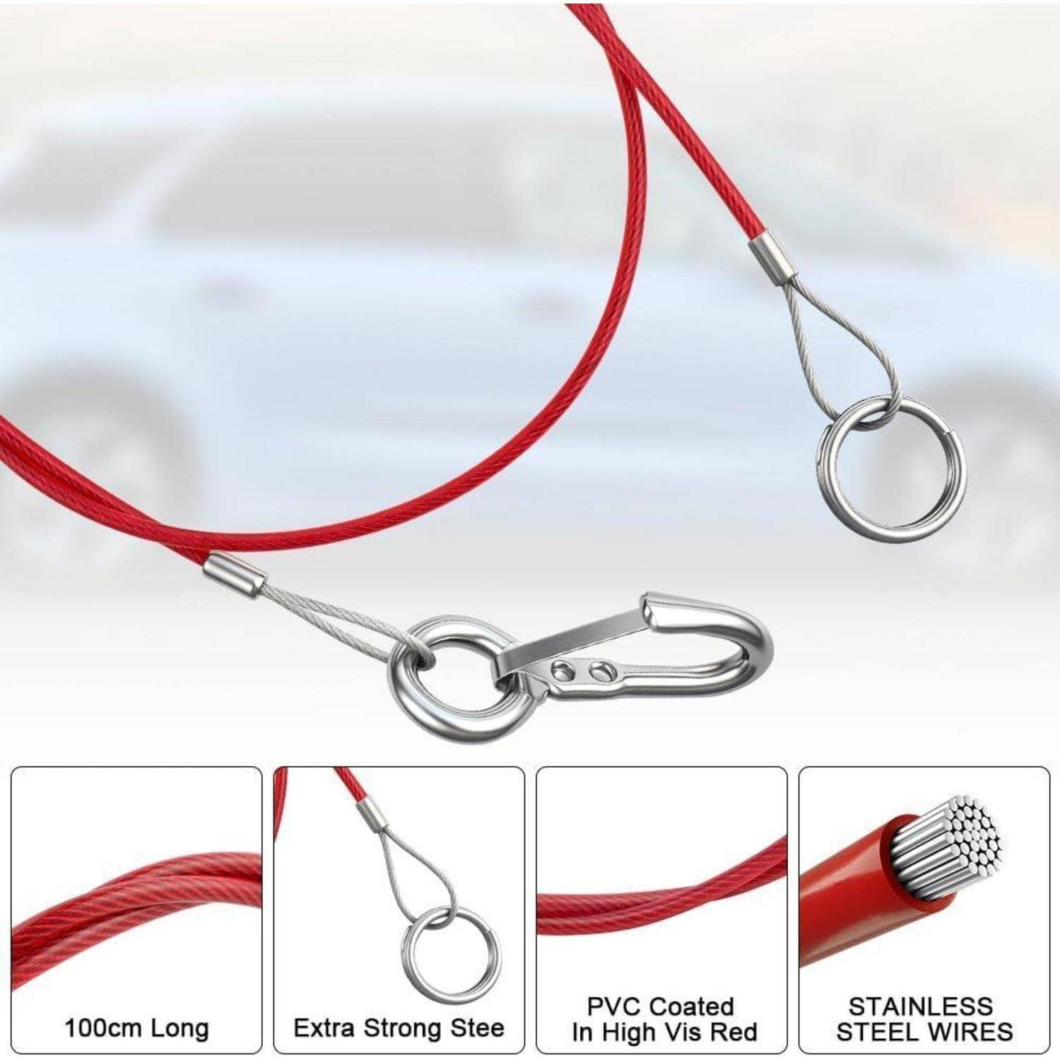 Rotes PVC-beschichtetes Stahlseil mit Schleife und Clip-Hardware, gezeigt mit eingefügten Nahaufnahmen mit Beschriftungen 100 cm lang, extra starker Stahl, PVC-beschichtet und rostfreier Draht.