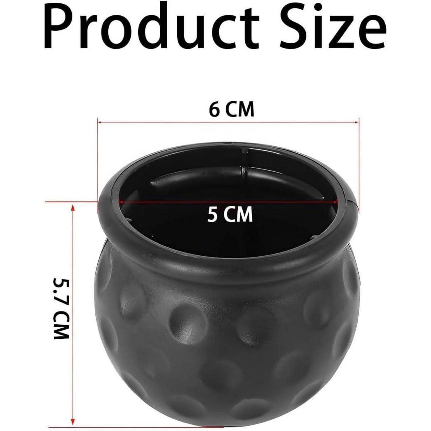 Größendiagramm eines kleinen schwarzen strukturierten Topfes, 6 cm breit, 5 cm innerer Durchmesser und 5,7 cm hoch.
