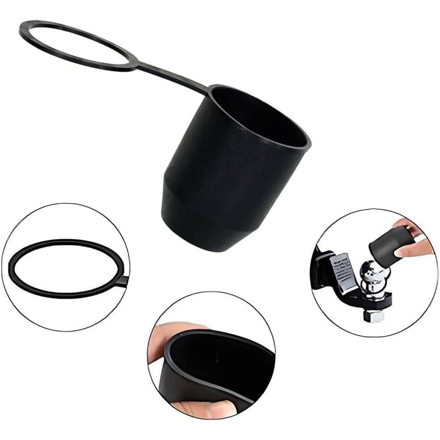 Schwarze Silikon-Espressotasse, dargestellt mit Griffring und vergrößerten Detailaufnahmen des Randes und der Montage an einer Kaffeemaschine.