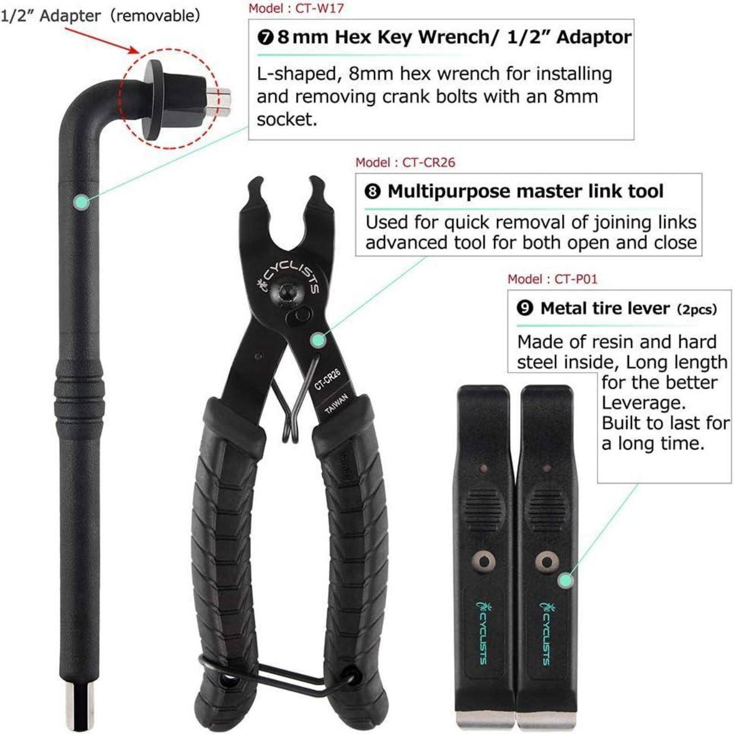 Abbildung von Fahrradkettenwerkzeugen: ein 1/2-Zoll-Adapter, 8-mm-Innensechskant-Schrüssel, Master-Link-Werkzeug und zwei Metallreifenheber, jeweils mit Modell und Verwendungszweck gekennzeichnet.